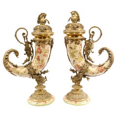 Vintage Pair French Porcelain Cornucopia Vases Urns Ormolu Horn of Plenty