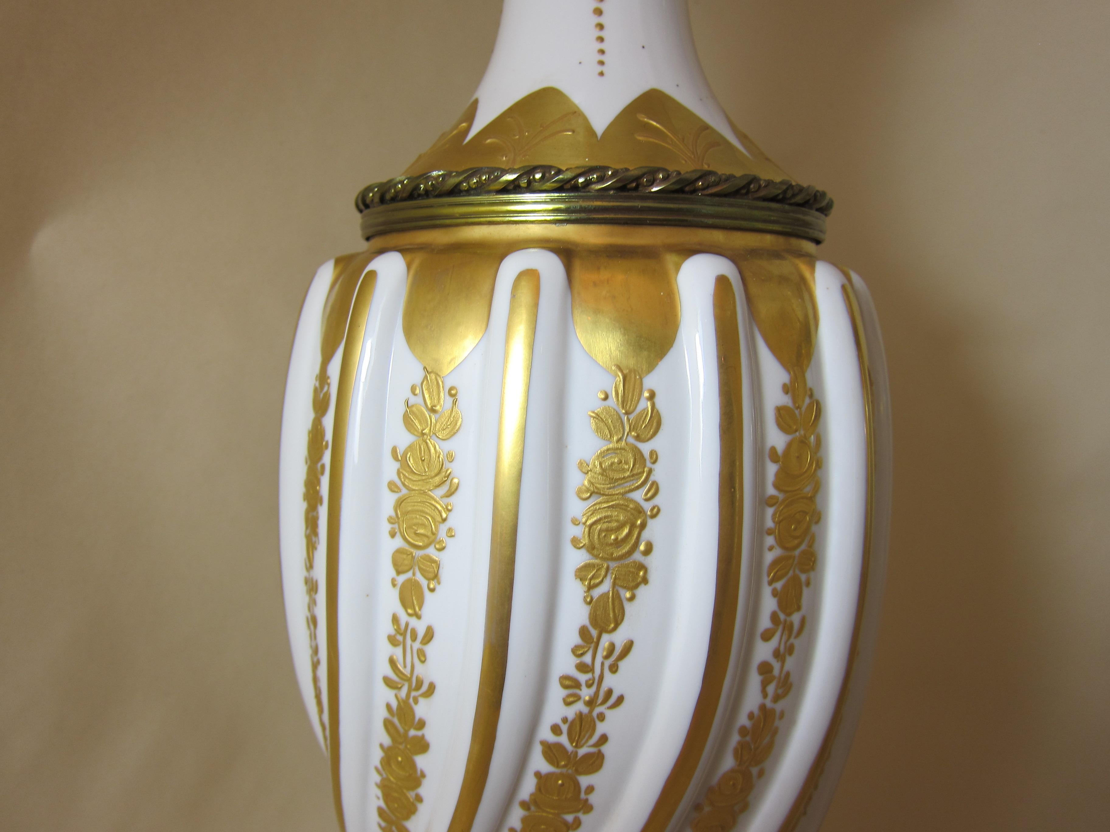 Pair French Porcelain Gilt Mounted Lamps In Good Condition For Sale In London, GB