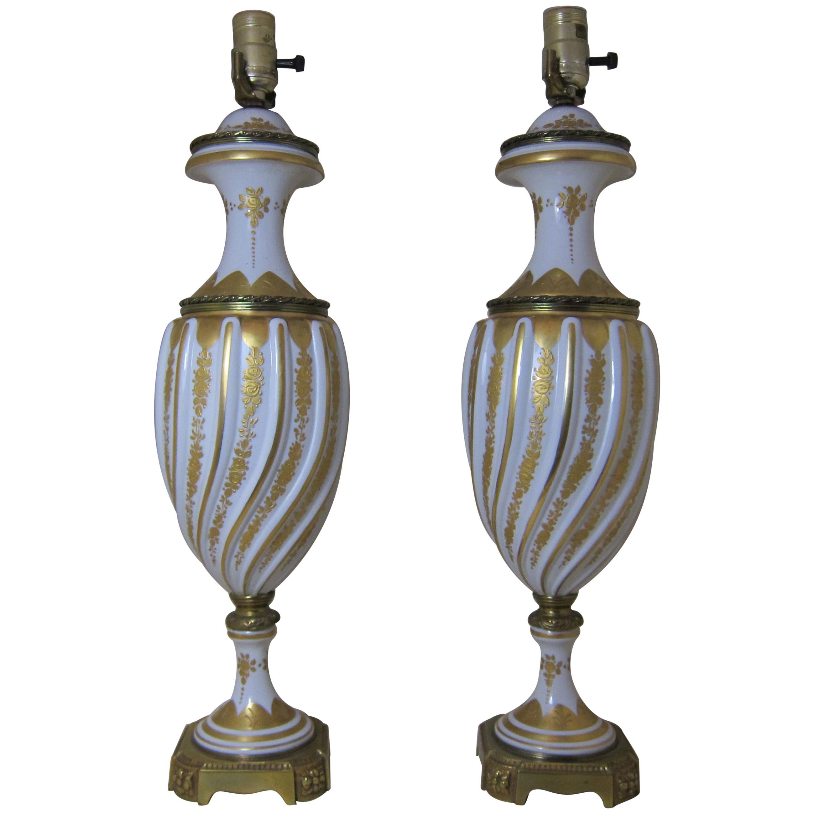 Pair French Porcelain Gilt Mounted Lamps For Sale