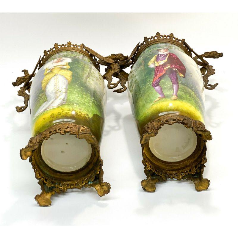 Pair French Porcelain Twin Handled Gilt Bronze Mounted Urns, Hand Painted, c1900 For Sale 7