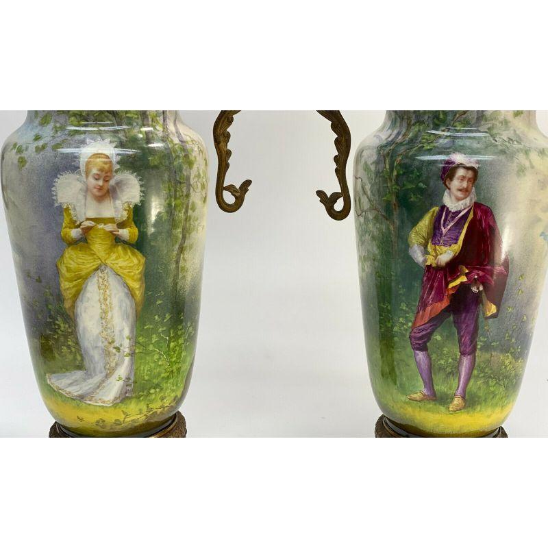 Pair French Porcelain Twin Handled Gilt Bronze Mounted Urns, Hand Painted, c1900 In Good Condition For Sale In Gardena, CA
