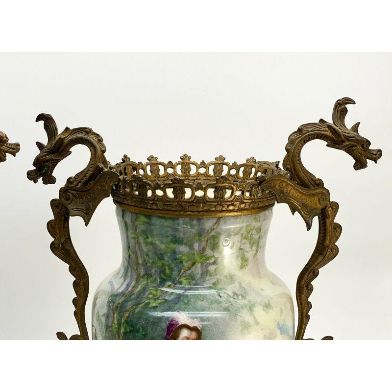 Pair French Porcelain Twin Handled Gilt Bronze Mounted Urns, Hand Painted, c1900 For Sale 3