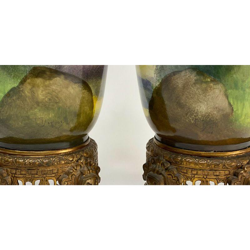 Pair French Porcelain Twin Handled Gilt Bronze Mounted Urns, Hand Painted, c1900 For Sale 4