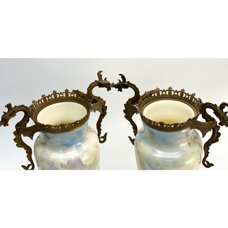 Pair French Porcelain Twin Handled Gilt Bronze Mounted Urns, Hand Painted, c1900 For Sale 5