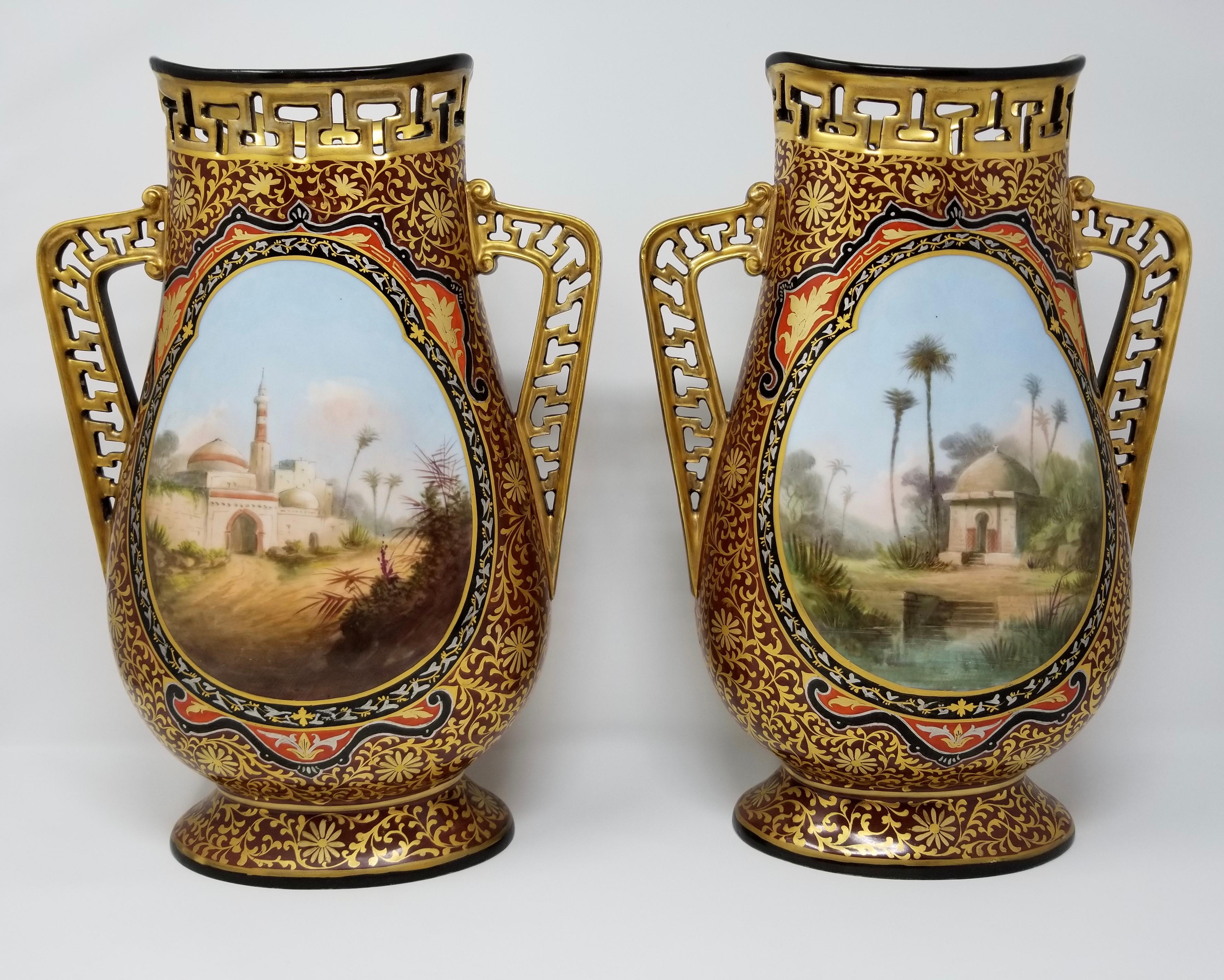 A beautiful pair of 19th century French porcelain vases depicting Orientalist Royal painted figures/Maidens standing in the Palace and reverse-painted with castle scenes, made for the Islamic/Turkish Market. Each maiden is beautifully hand painted