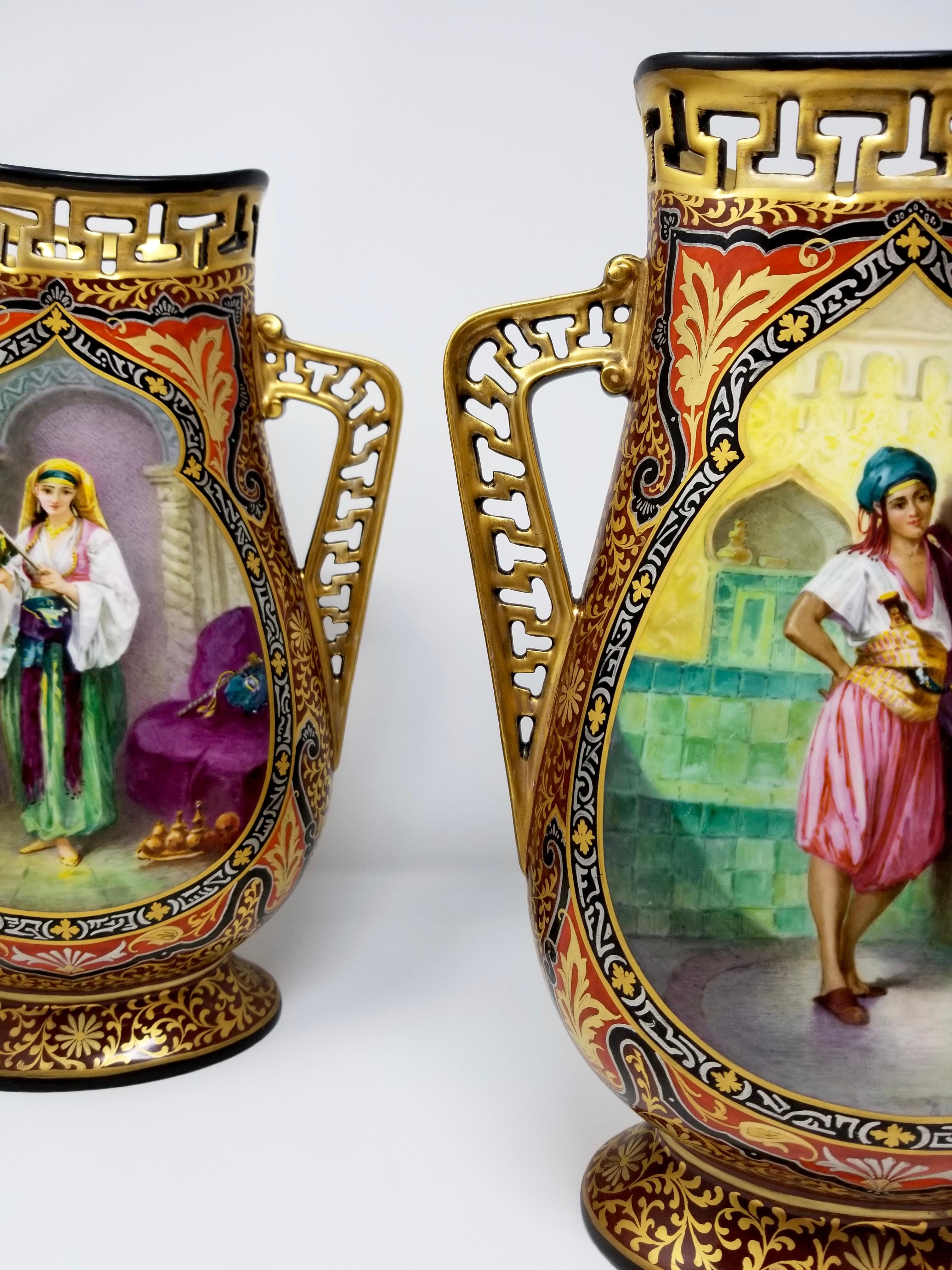 Hand-Painted Pair of French Porcelain Vases with Orientalist Maidens for Islamic Market For Sale