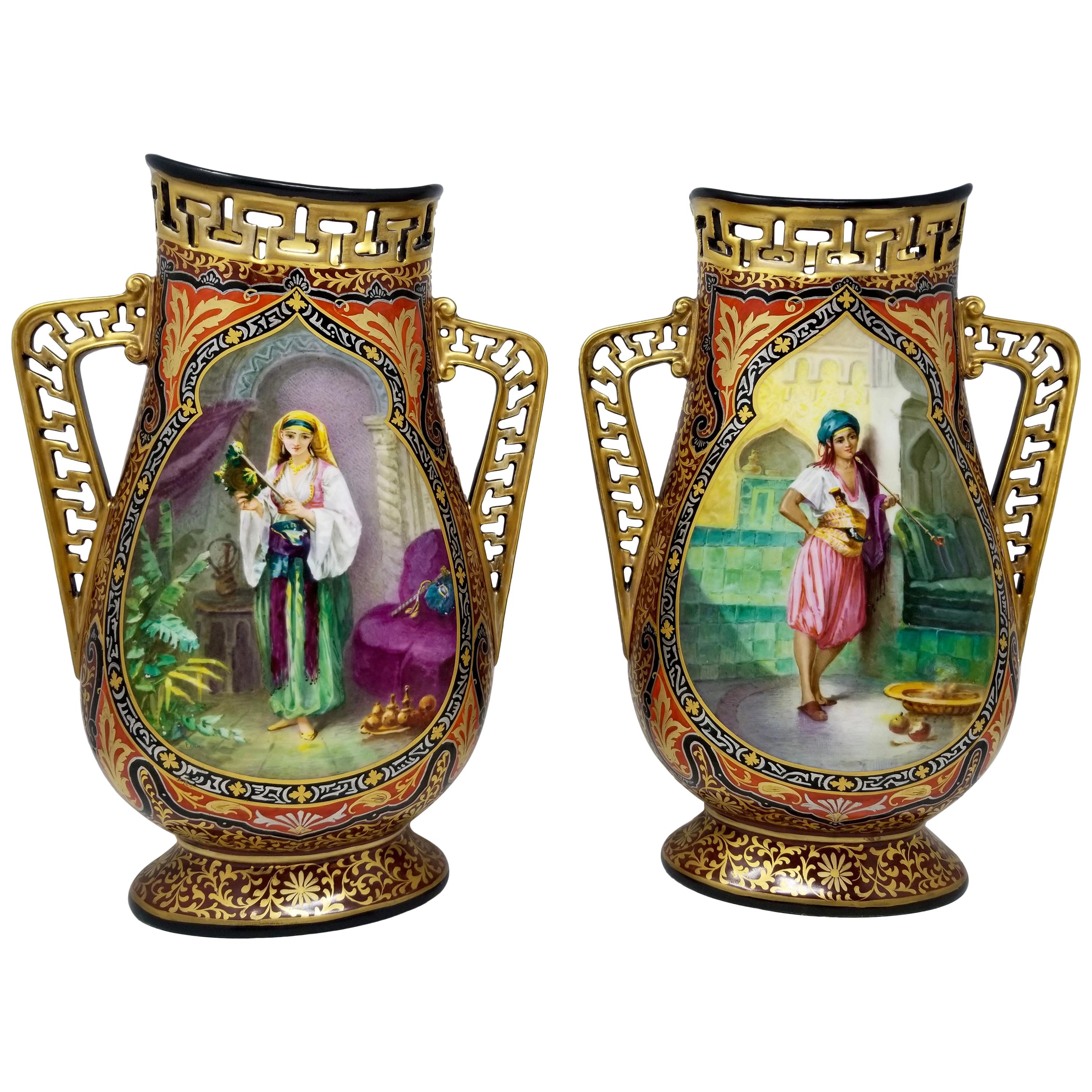 Pair of French Porcelain Vases with Orientalist Maidens for Islamic Market For Sale