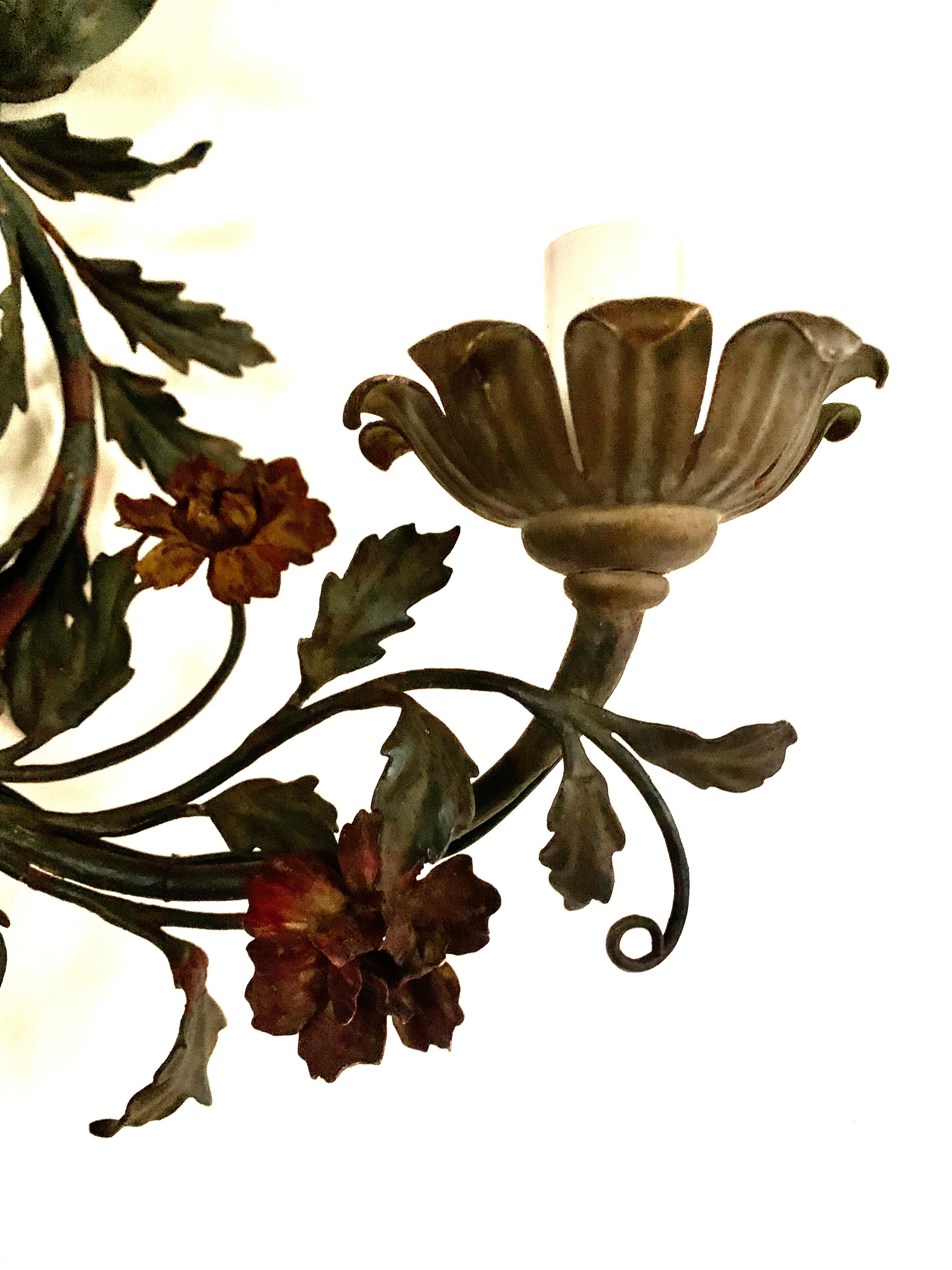 Pair French Provincial 19th Century Tole Bronze Two Light Floral Wall Sconces For Sale 2