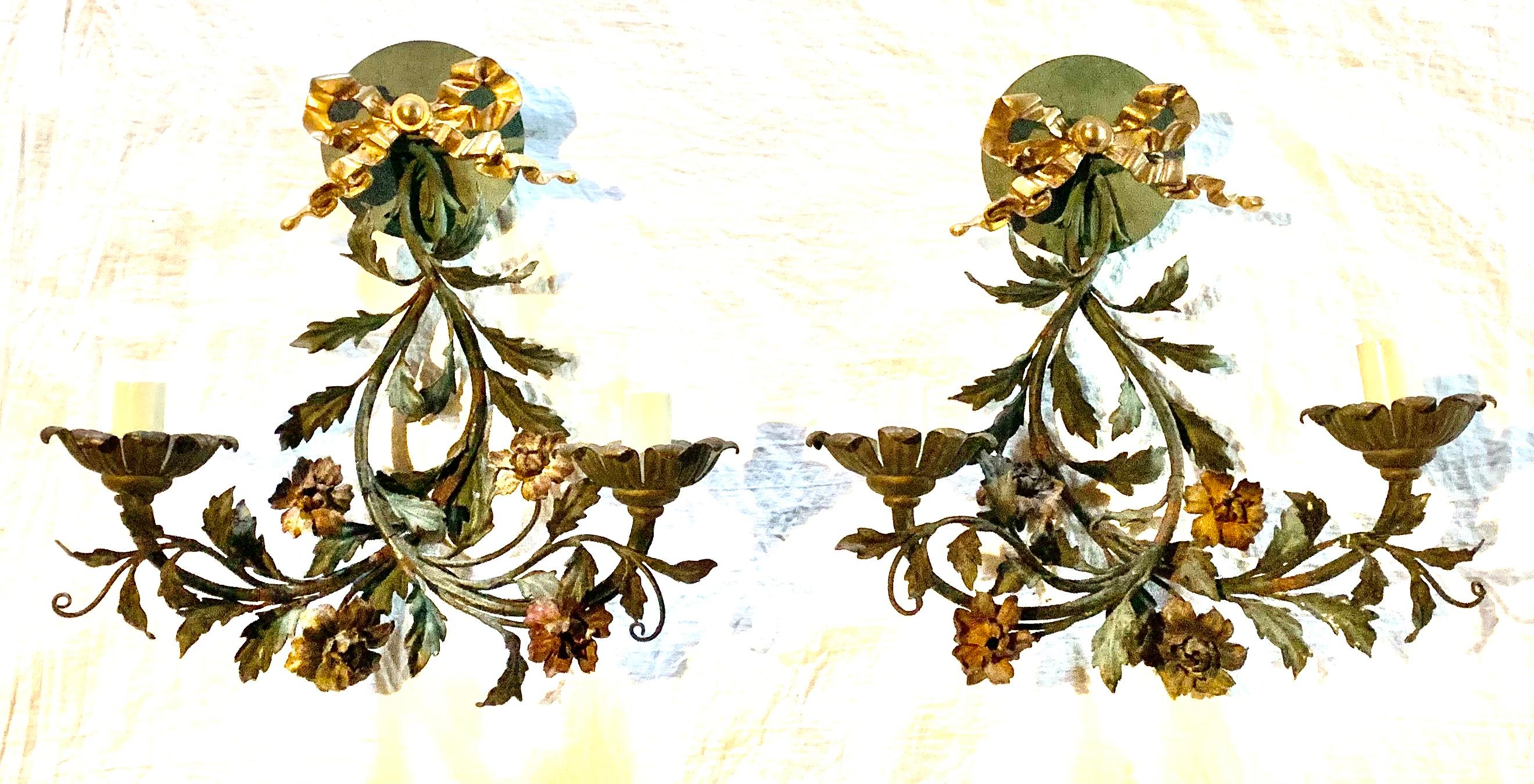 Pair French Provincial 19th Century Tole Bronze Two Light Floral Wall Sconces For Sale 5