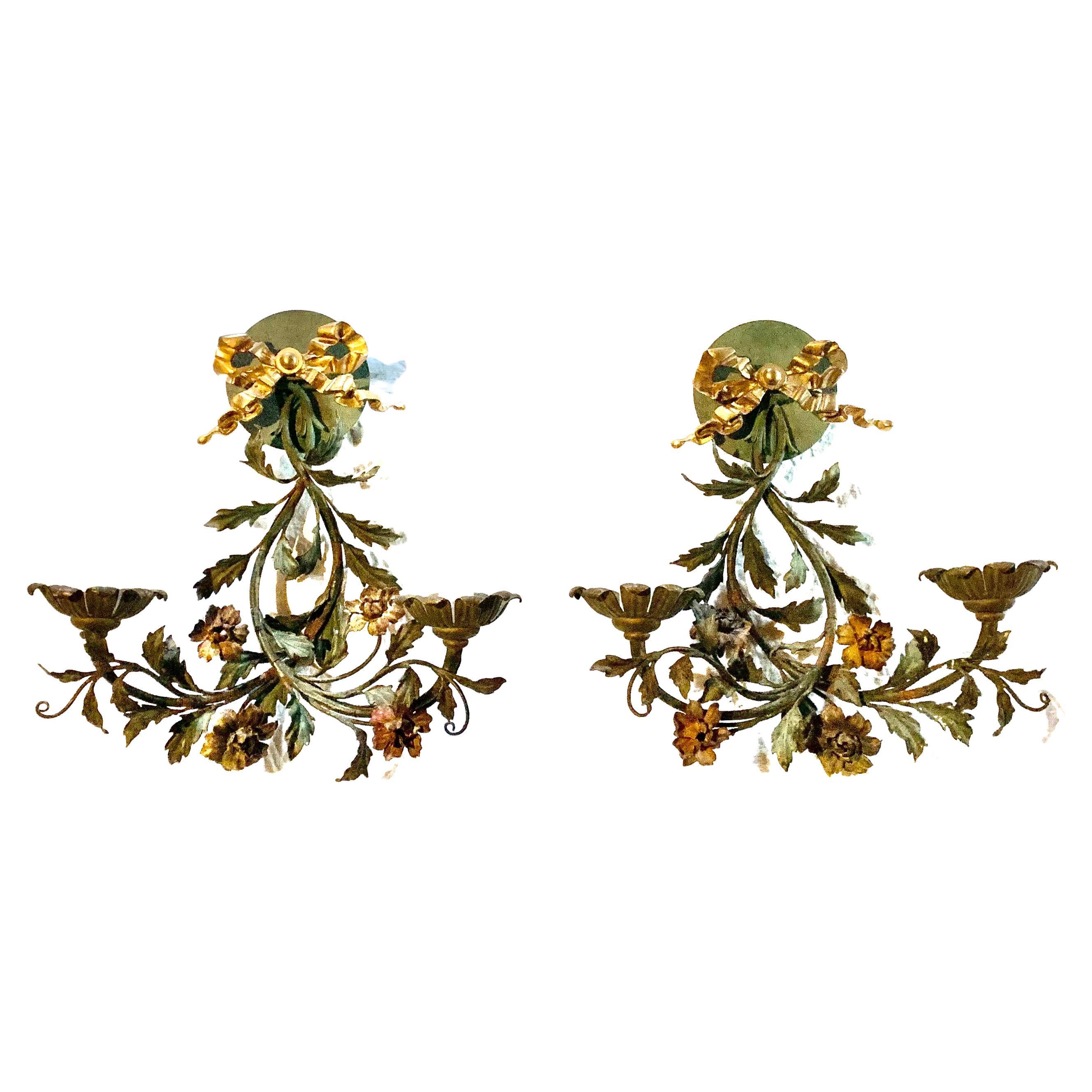 Pair French Provincial 19th Century Tole Bronze Two Light Floral Wall Sconces For Sale