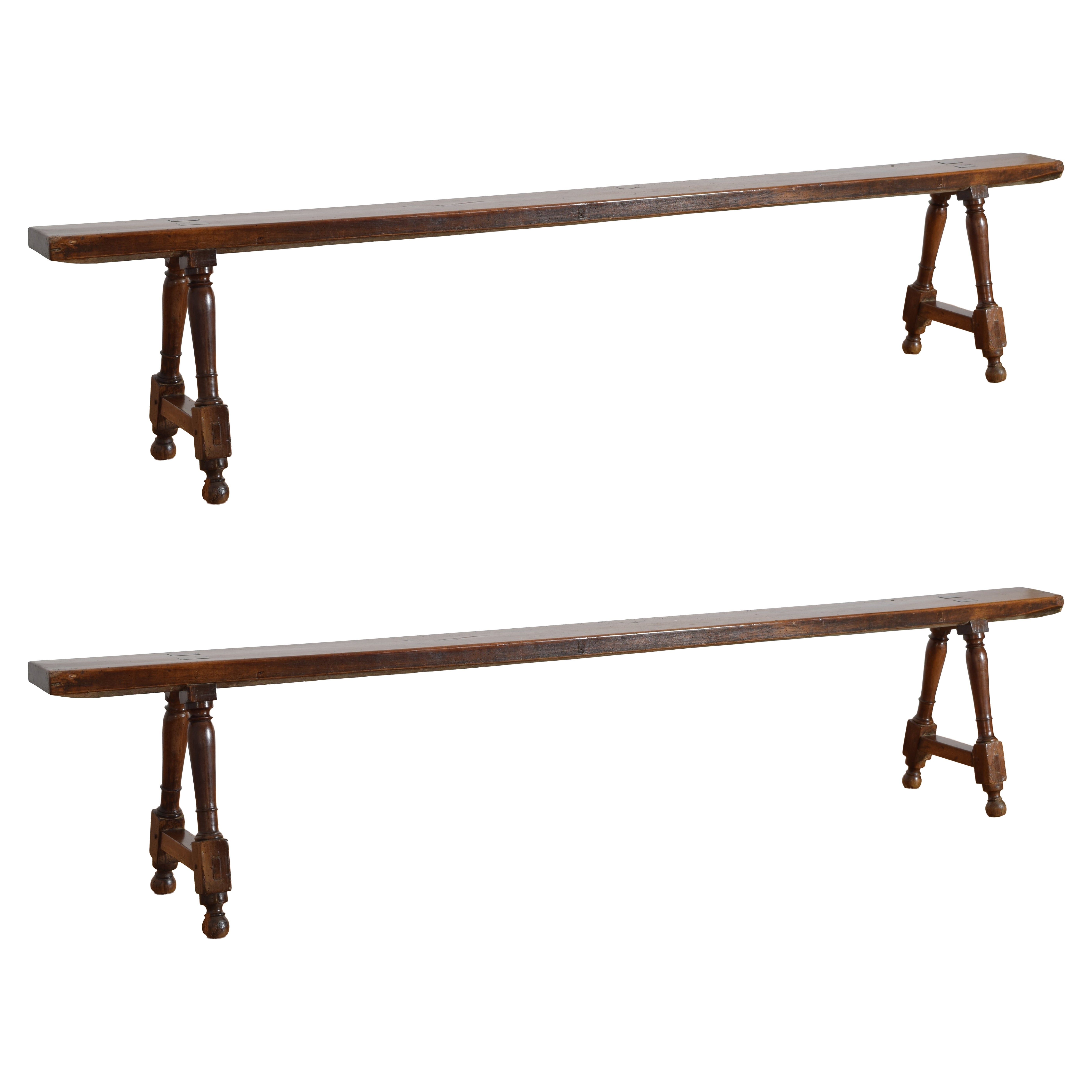 Pair French Provincial Cherrywood Trestle-Form Long Benches, circa 1800 For Sale