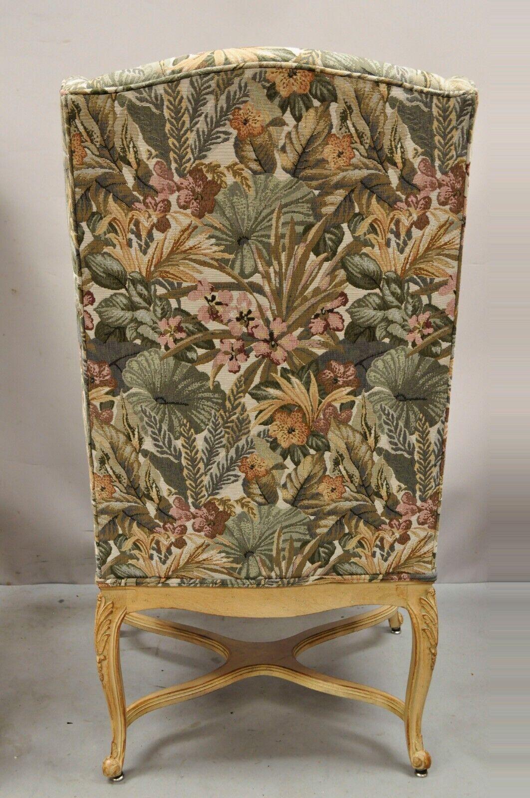 Pair French Provincial Country Louis XV Style Upholstered Wingback Lounge Chairs For Sale 5