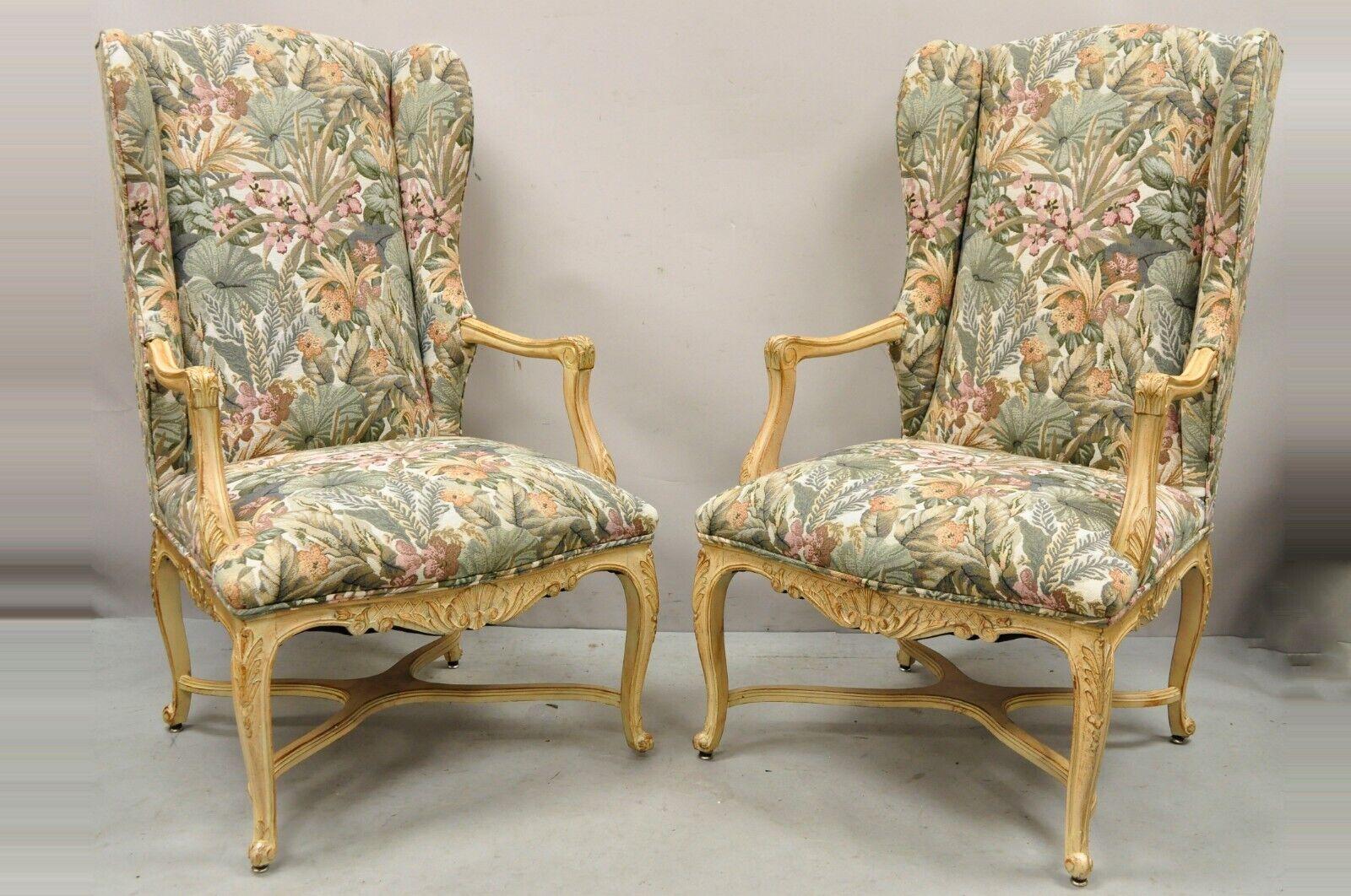 Pair French Provincial Country Louis XV Style Upholstered Wingback Lounge Chairs For Sale 6