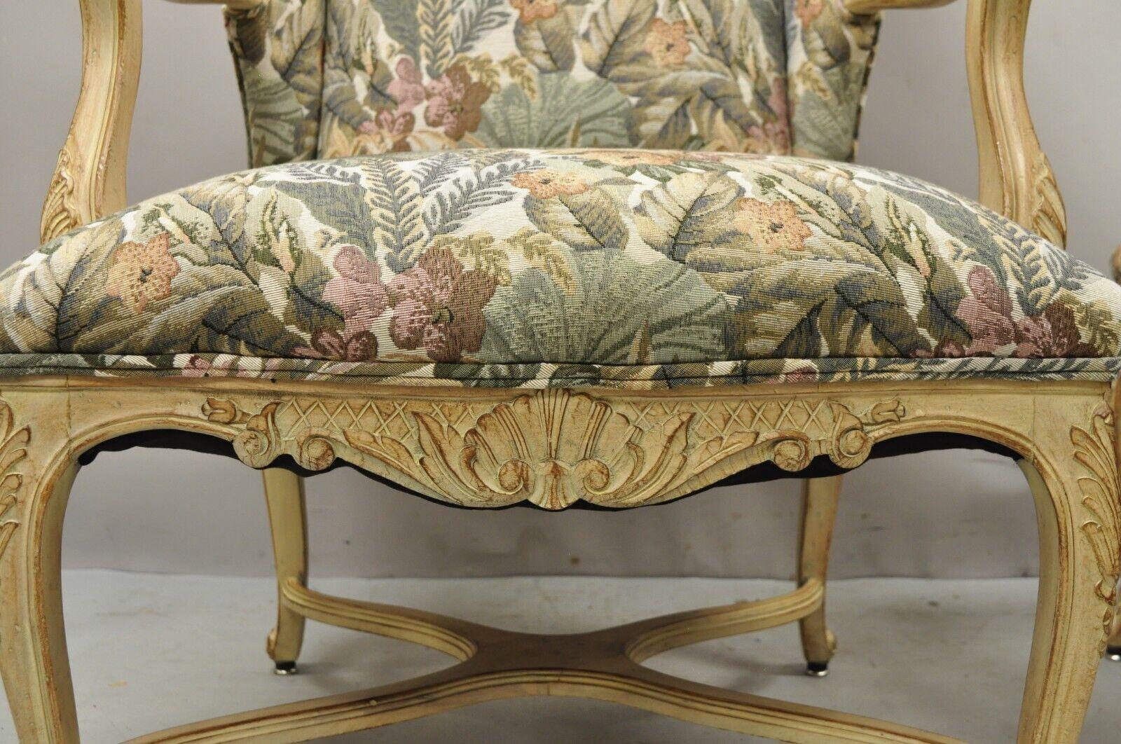 Pair French Provincial Country Louis XV Style Upholstered Wingback Lounge Chairs In Good Condition For Sale In Philadelphia, PA