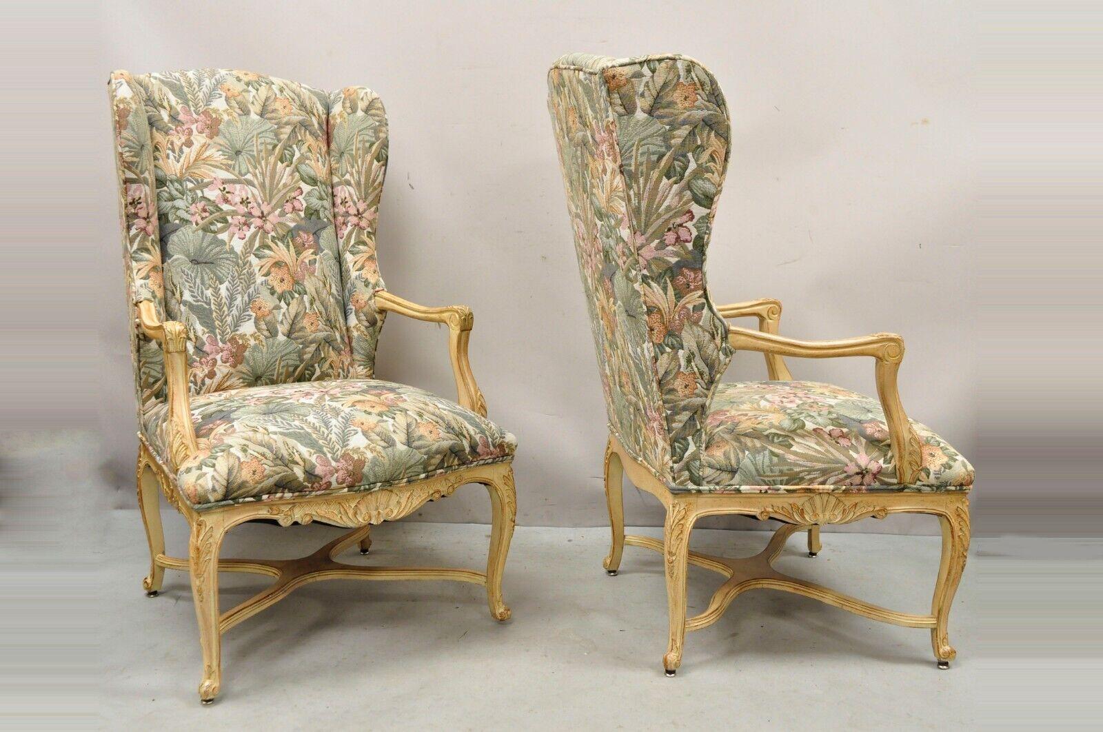 20th Century Pair French Provincial Country Louis XV Style Upholstered Wingback Lounge Chairs For Sale