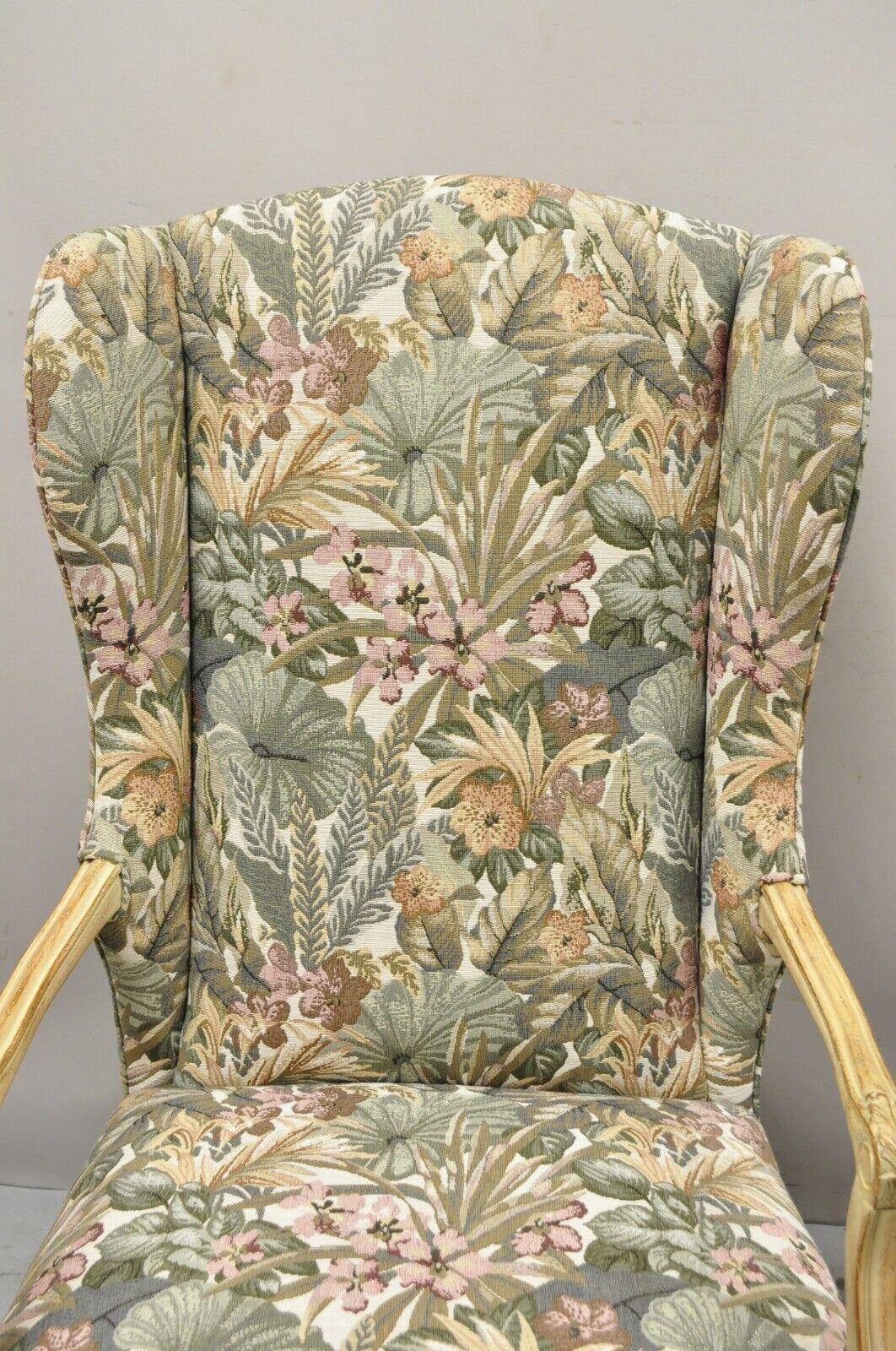 Fabric Pair French Provincial Country Louis XV Style Upholstered Wingback Lounge Chairs For Sale