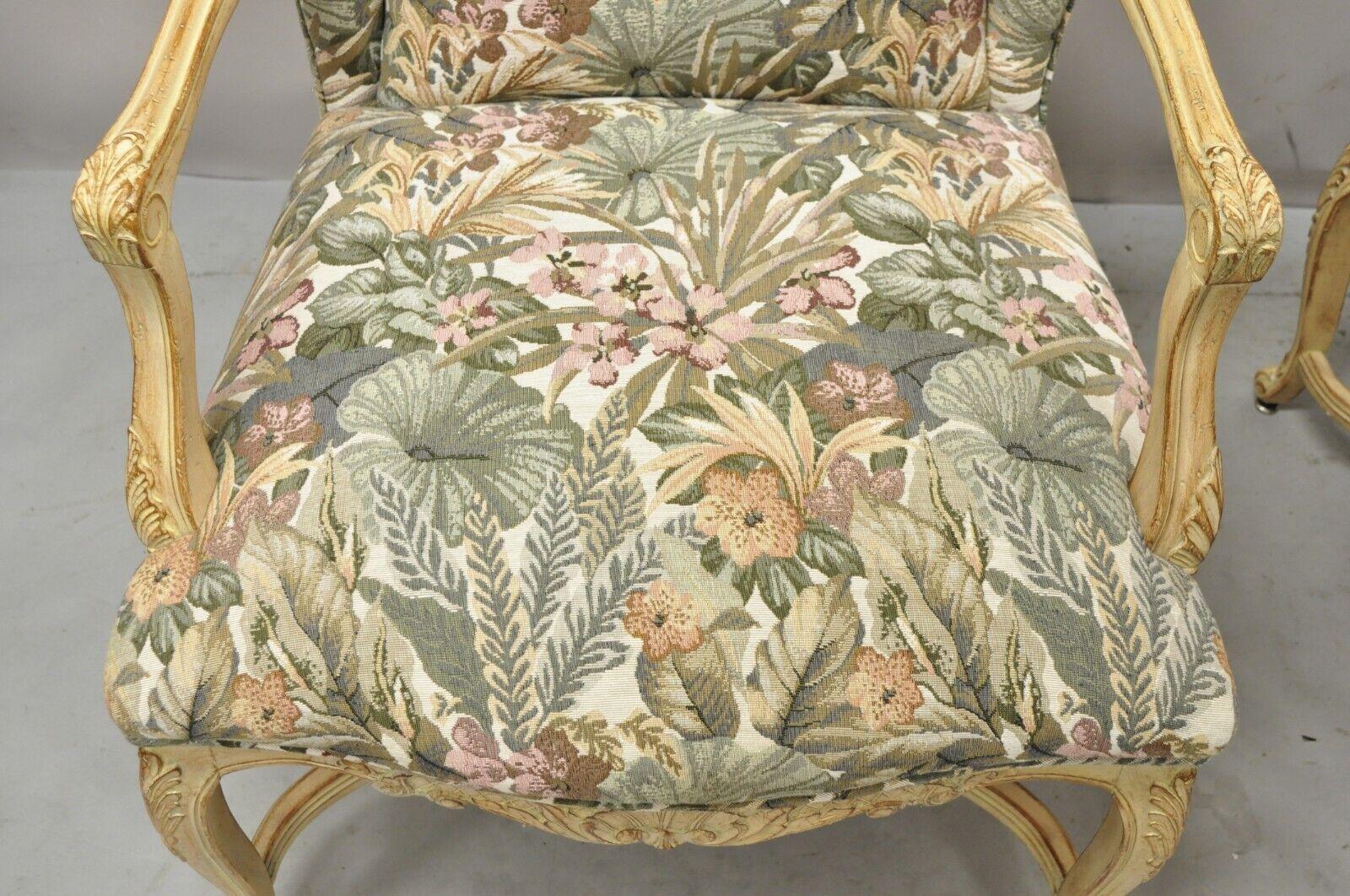 Pair French Provincial Country Louis XV Style Upholstered Wingback Lounge Chairs For Sale 1