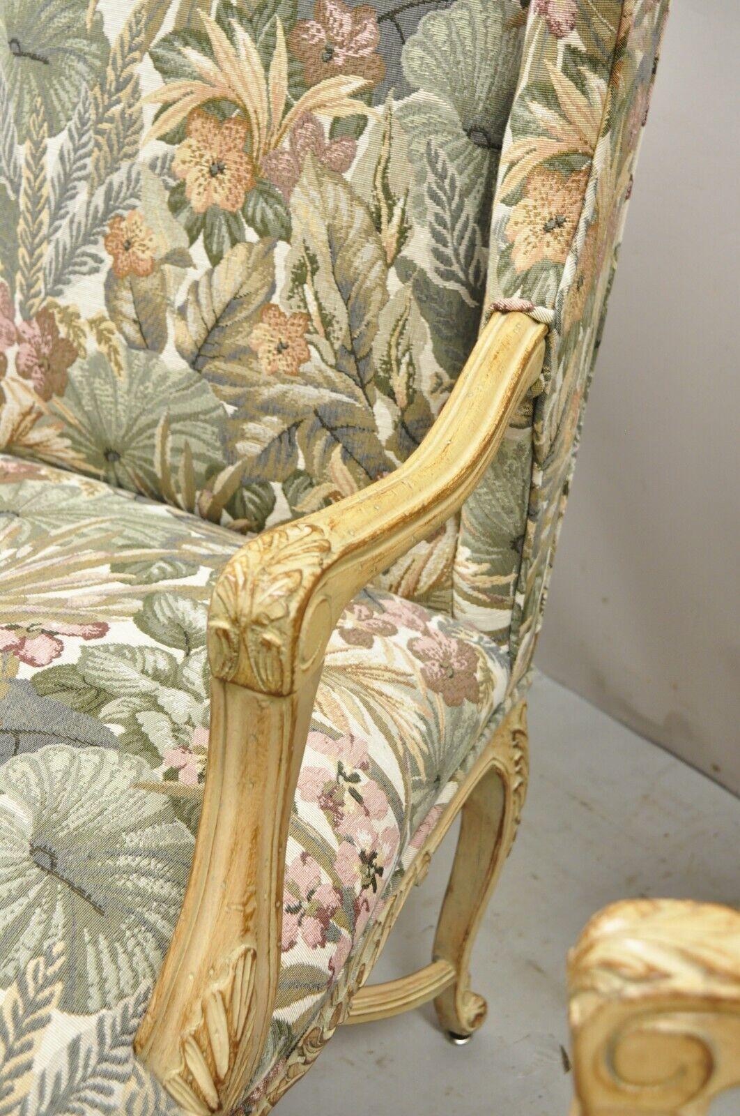 Pair French Provincial Country Louis XV Style Upholstered Wingback Lounge Chairs For Sale 2
