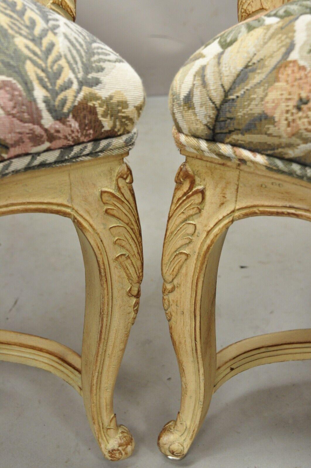 Pair French Provincial Country Louis XV Style Upholstered Wingback Lounge Chairs For Sale 3