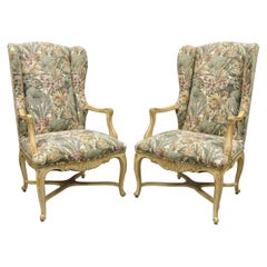 Pair French Provincial Country Louis XV Style Upholstered Wingback Lounge Chairs