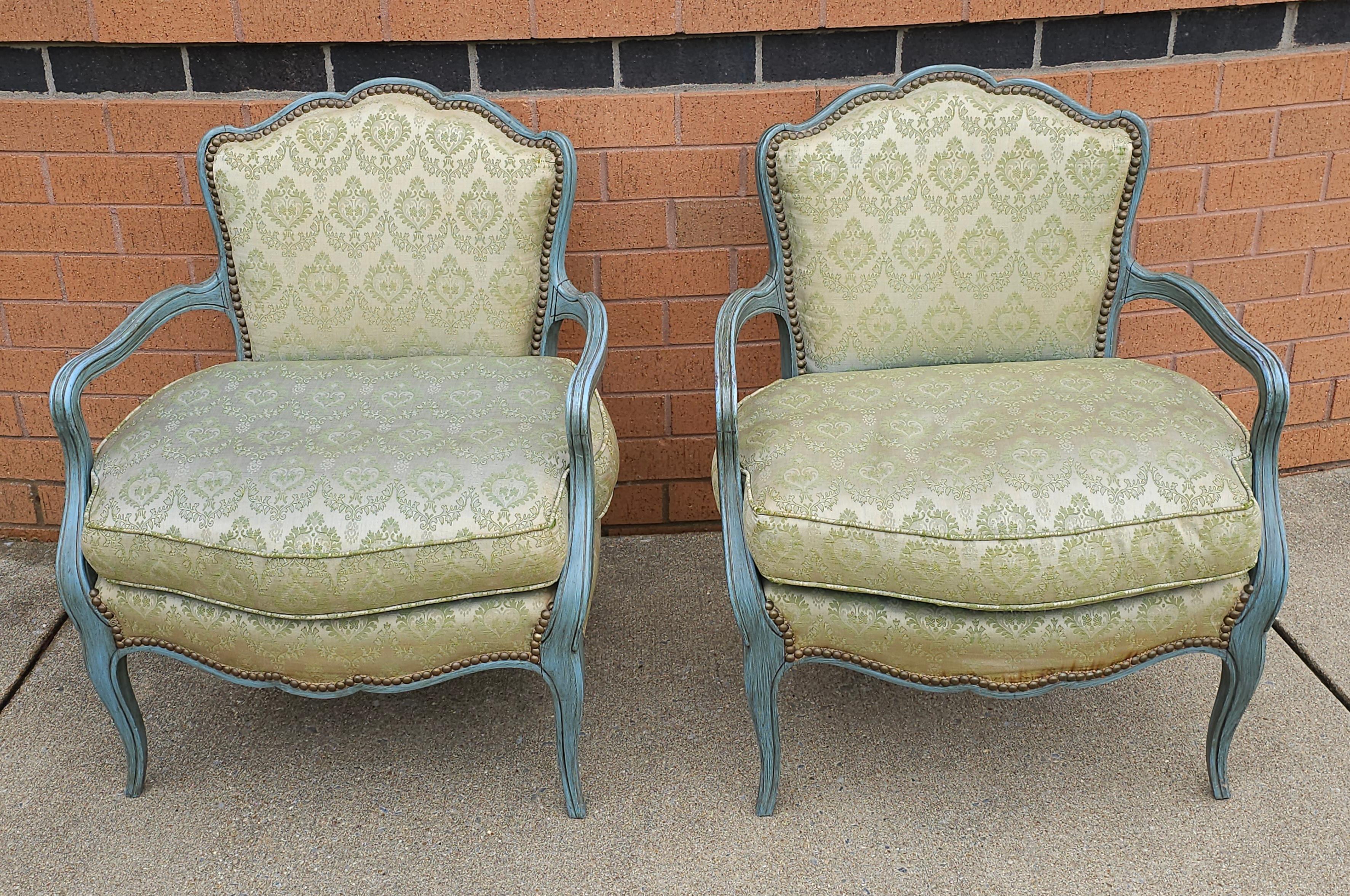 A Pair French Provincial Green Painted And Upholstered Low Fauteuils / Bergeres chairs. Measure 28