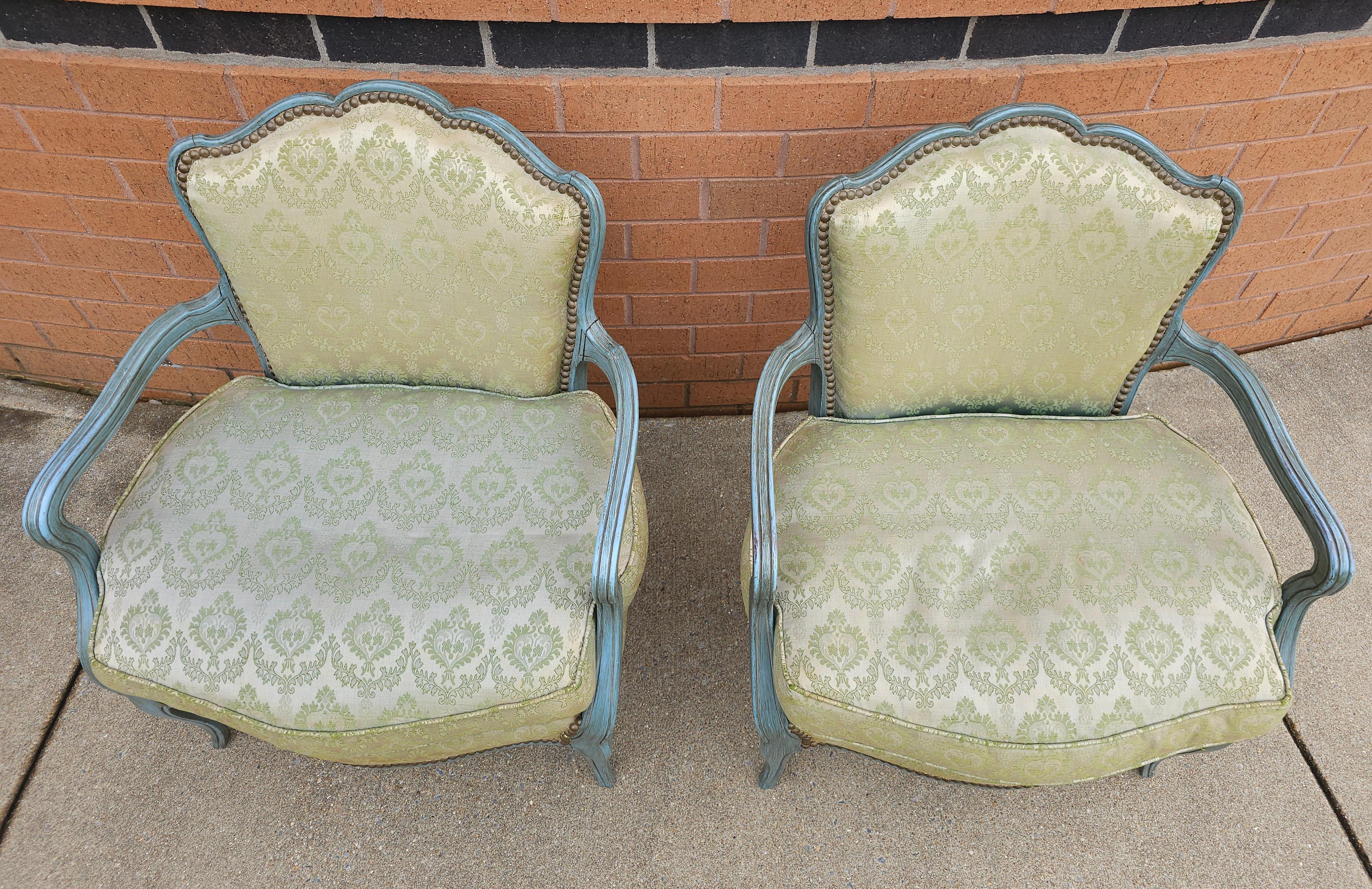 Unknown Pair French Provincial Green Painted And Upholstered Low Fauteuils / Bergeres For Sale