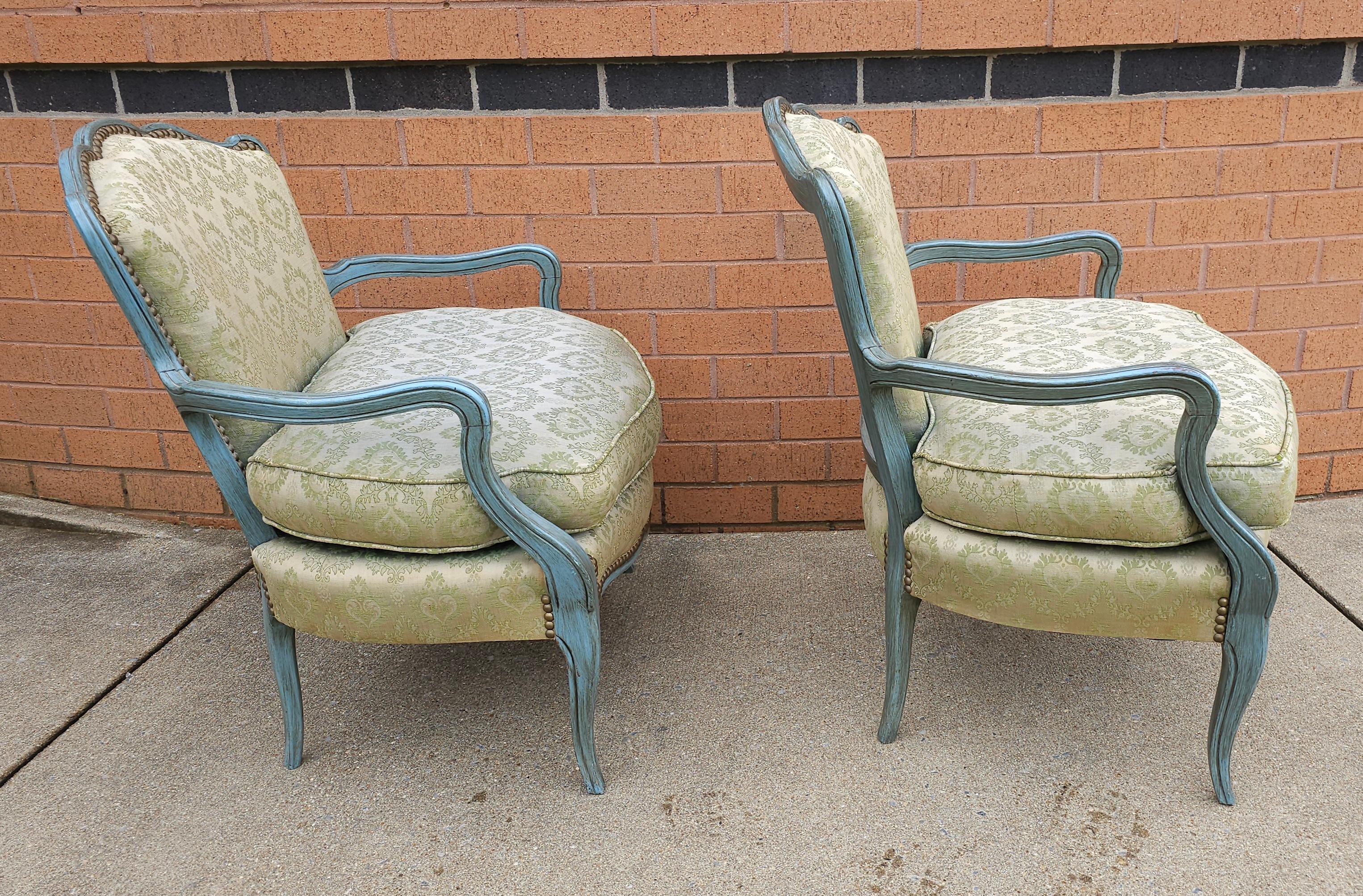 Hand-Carved Pair French Provincial Green Painted And Upholstered Low Fauteuils / Bergeres For Sale