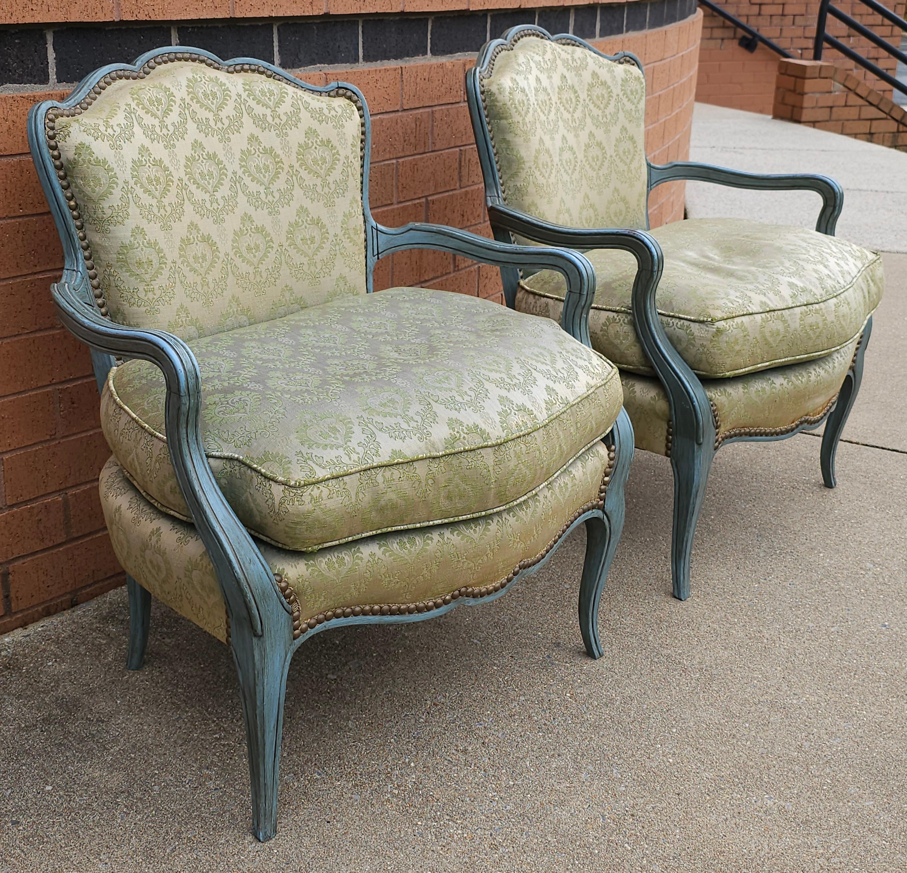 Pair French Provincial Green Painted And Upholstered Low Fauteuils / Bergeres In Good Condition For Sale In Germantown, MD