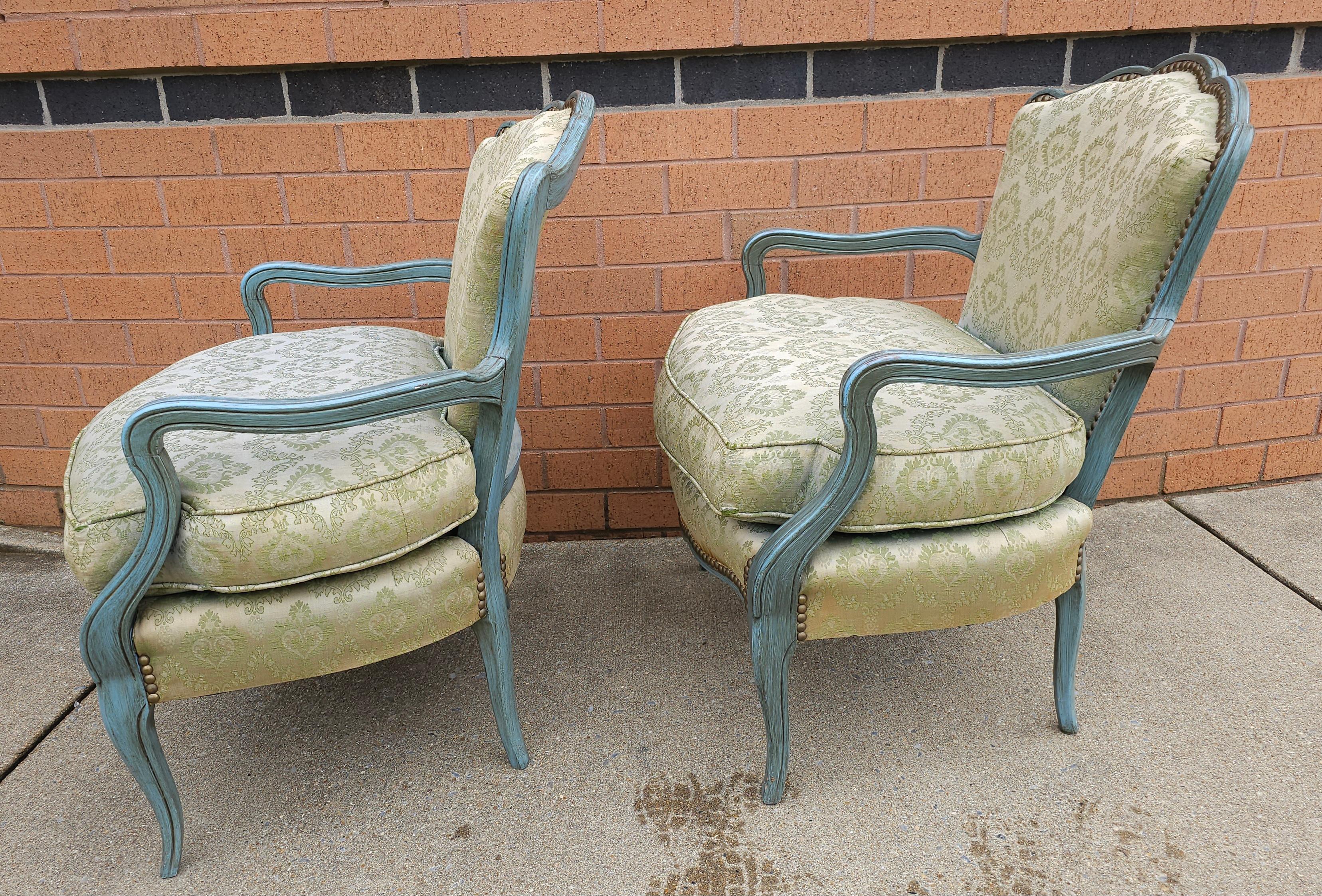 20th Century Pair French Provincial Green Painted And Upholstered Low Fauteuils / Bergeres For Sale
