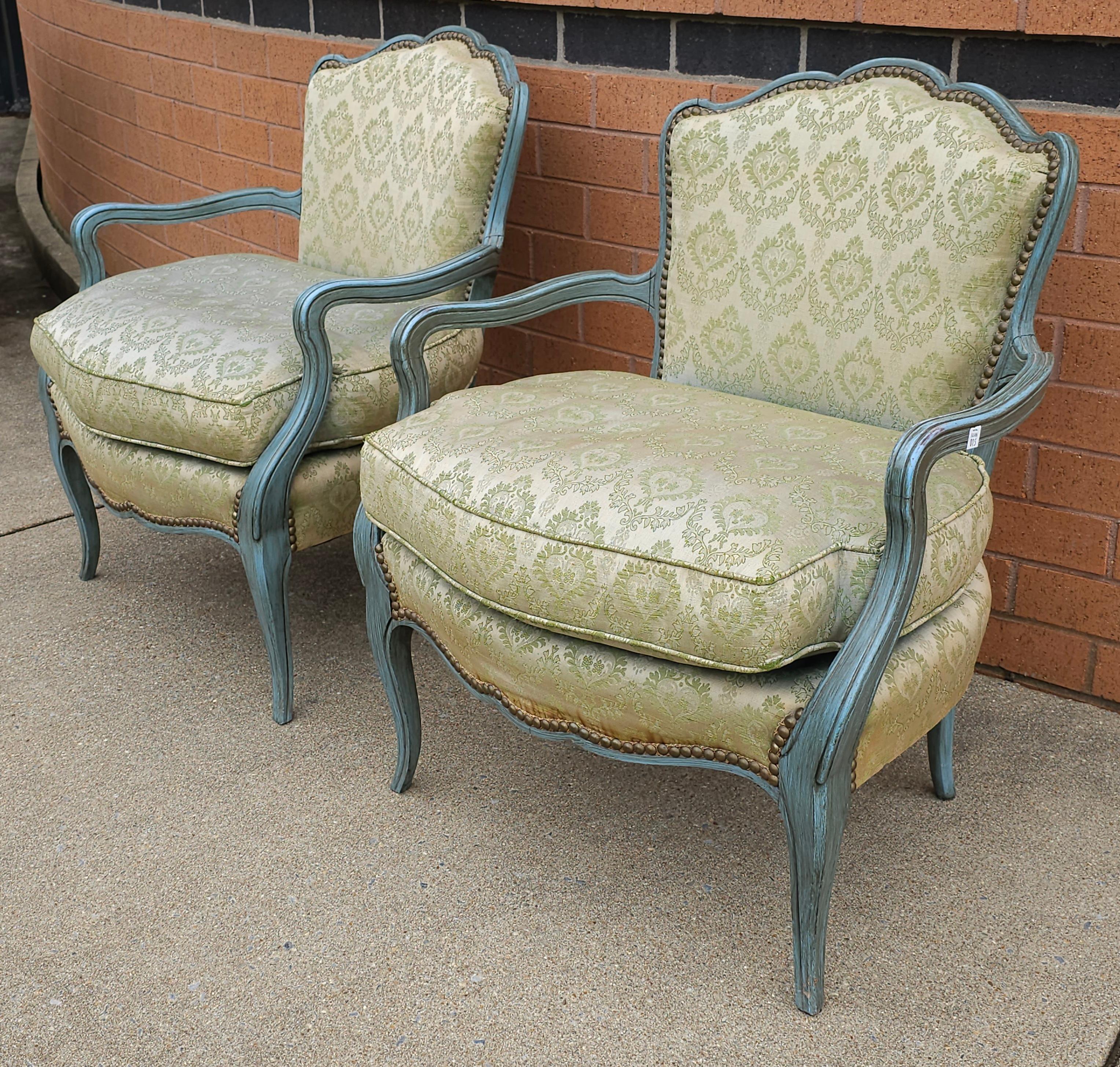 Upholstery Pair French Provincial Green Painted And Upholstered Low Fauteuils / Bergeres For Sale