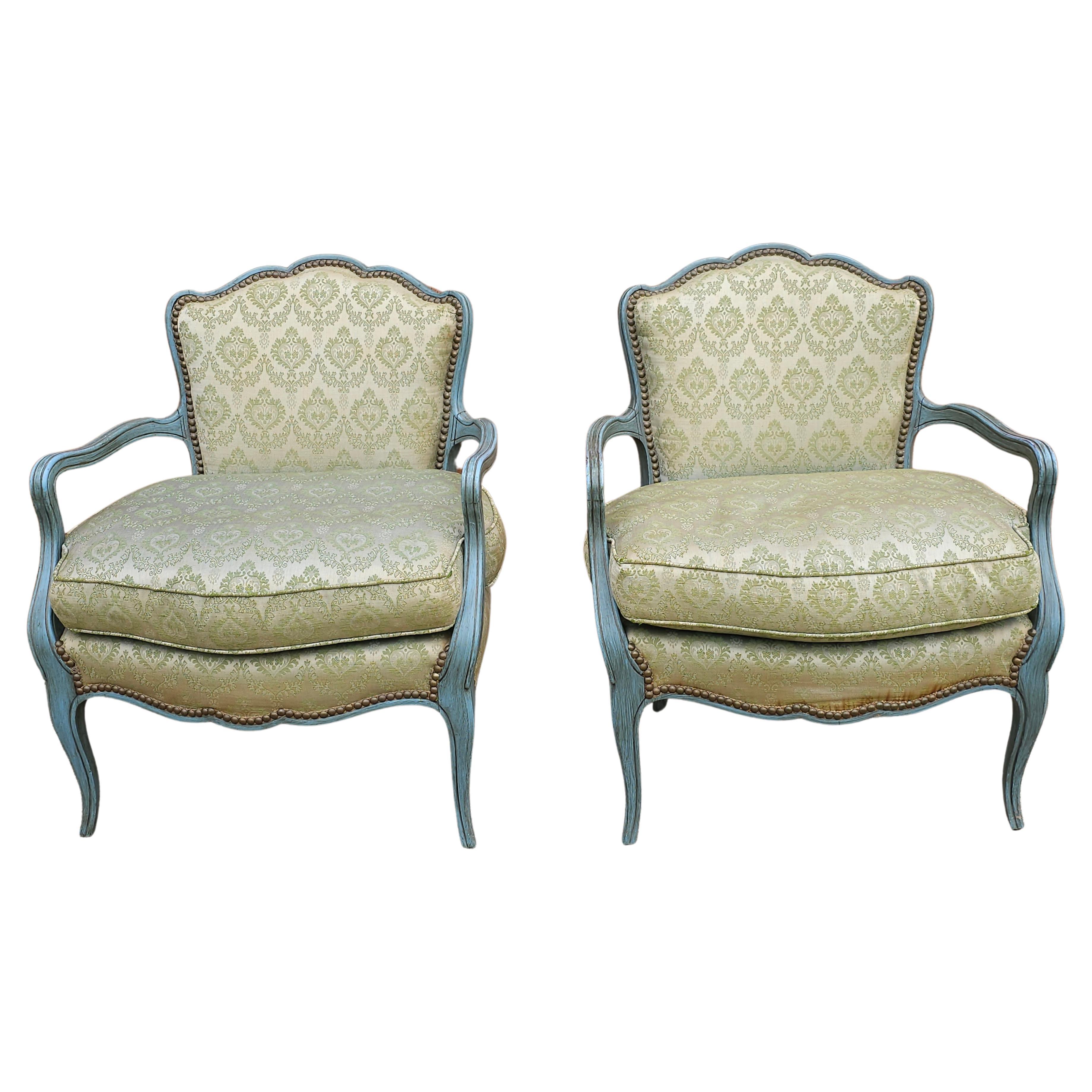 Pair French Provincial Green Painted And Upholstered Low Fauteuils / Bergeres For Sale