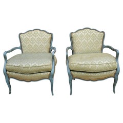 Antique Pair French Provincial Green Painted And Upholstered Low Fauteuils / Bergeres