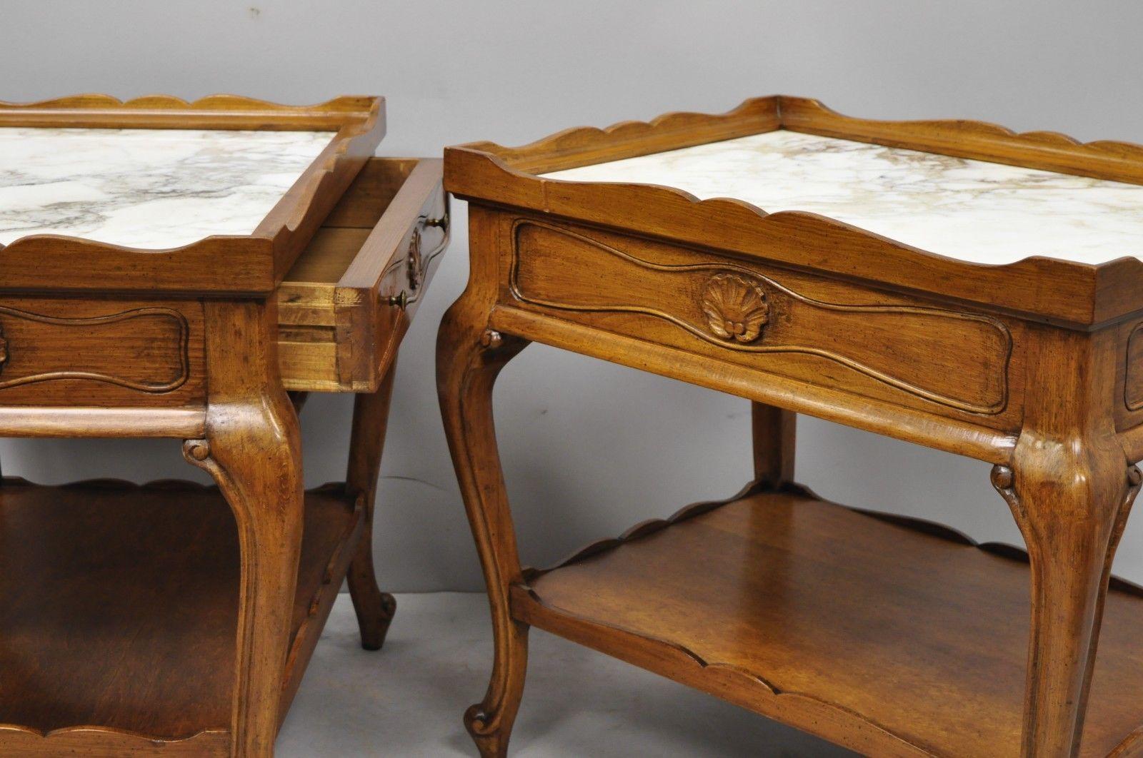 French Provincial Louis XV Style Marble-Top Shell Carved End Tables Danby, Pair 2