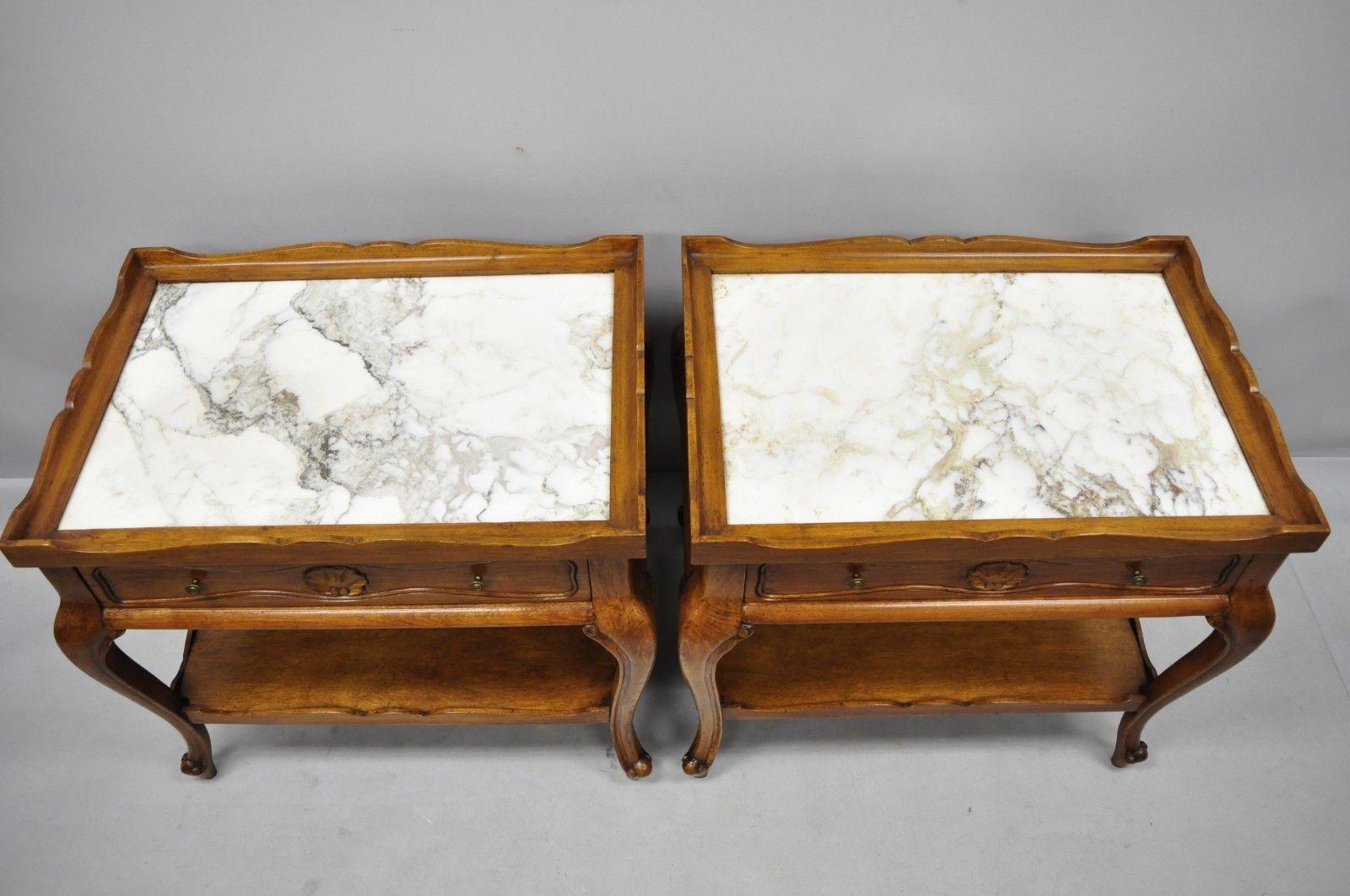 French Provincial Louis XV Style Marble-Top Shell Carved End Tables Danby, Pair 4