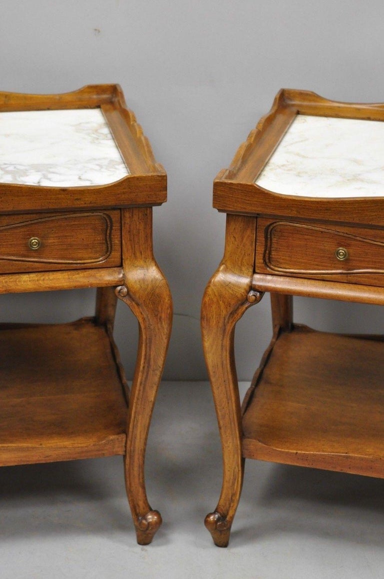 French Provincial Louis XV Style MarbleTop Shell Carved End Tables