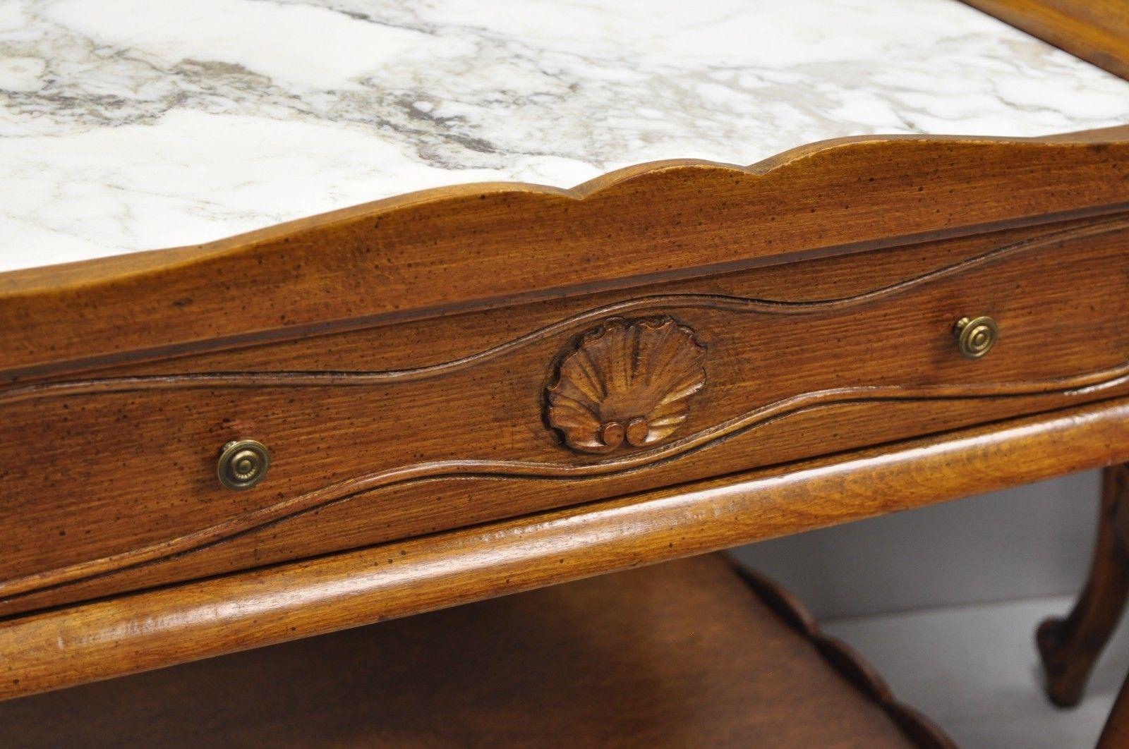 French Provincial Louis XV Style Marble-Top Shell Carved End Tables Danby, Pair 1