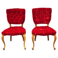 Vintage Pair French Provincial Style Fruitwood Tufted Velvet Upholstered Slipper Chairs