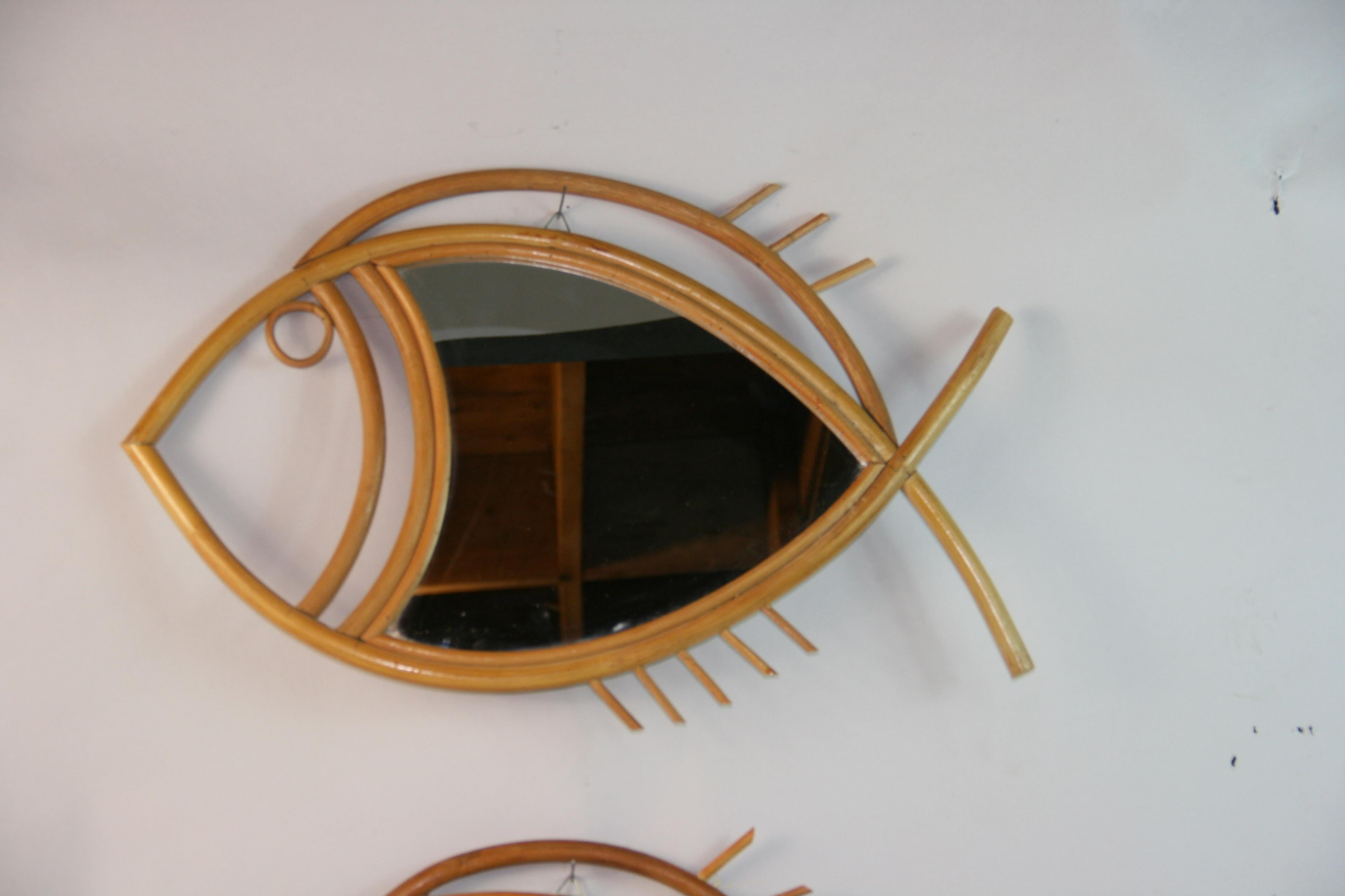 Pair French Rattan Fish Shaped Mirrors 1950's 5