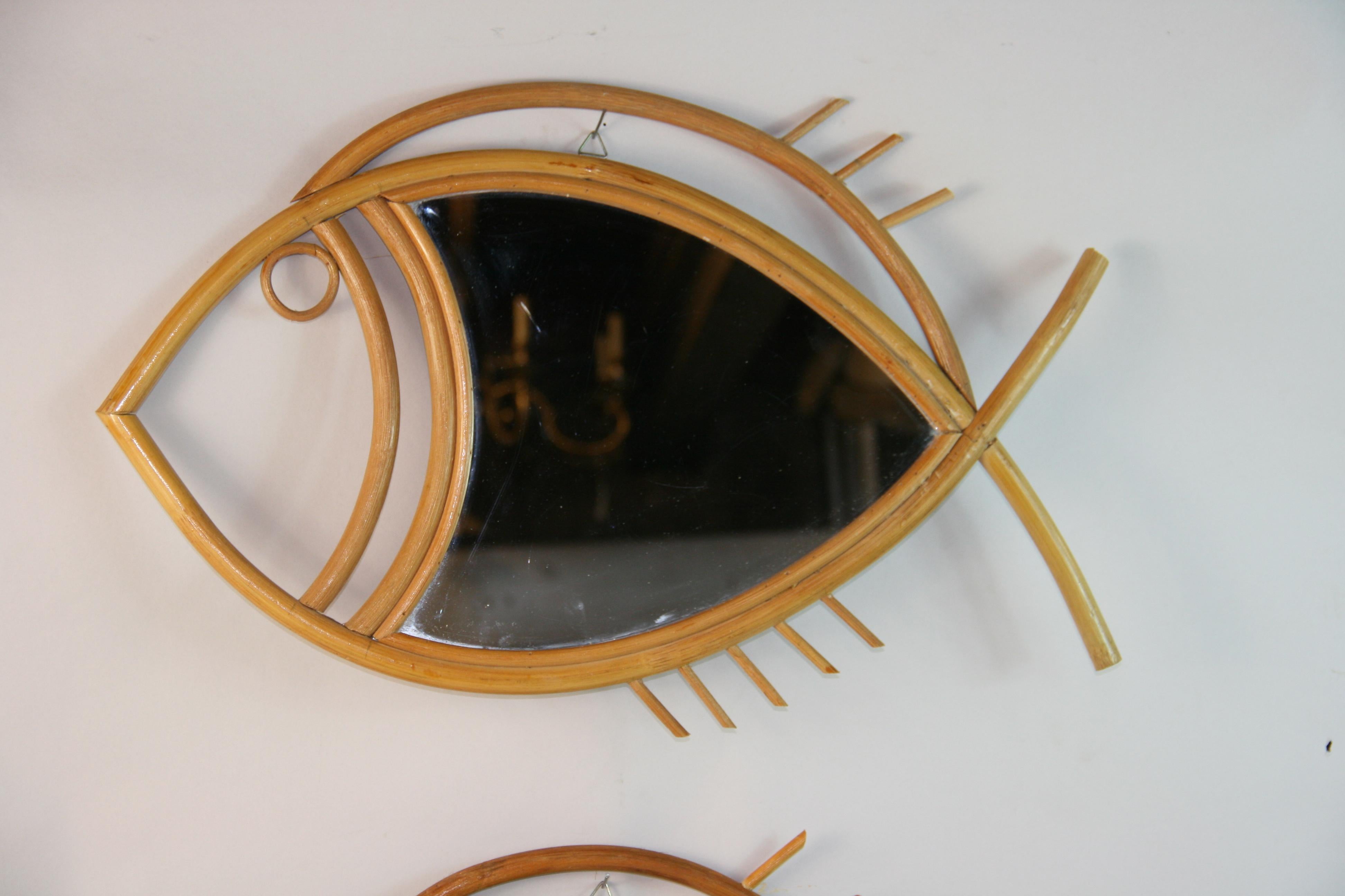 Pair French Rattan Fish Shaped Mirrors 1950's 2