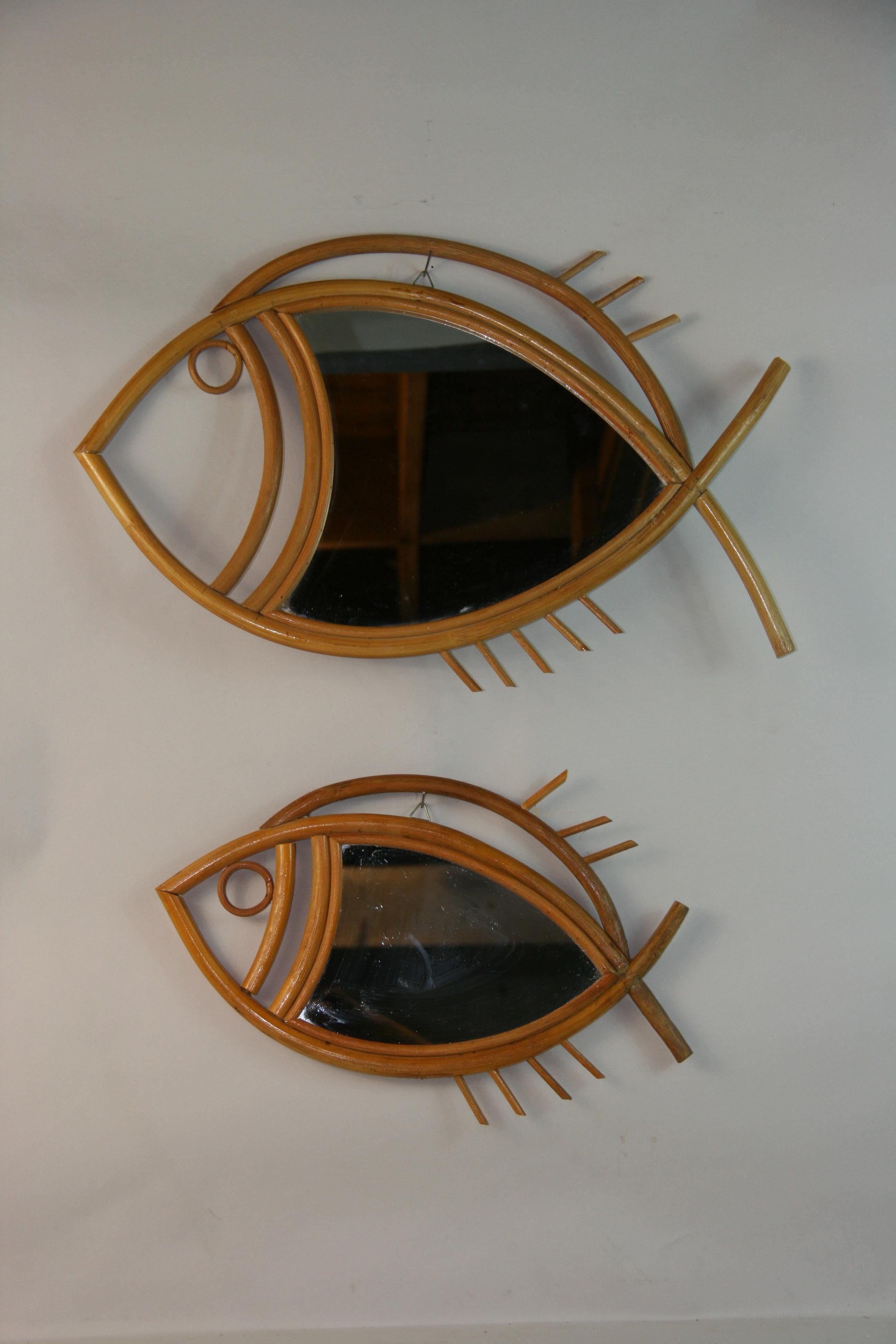 Pair French Rattan Fish Shaped Mirrors 1950's 3