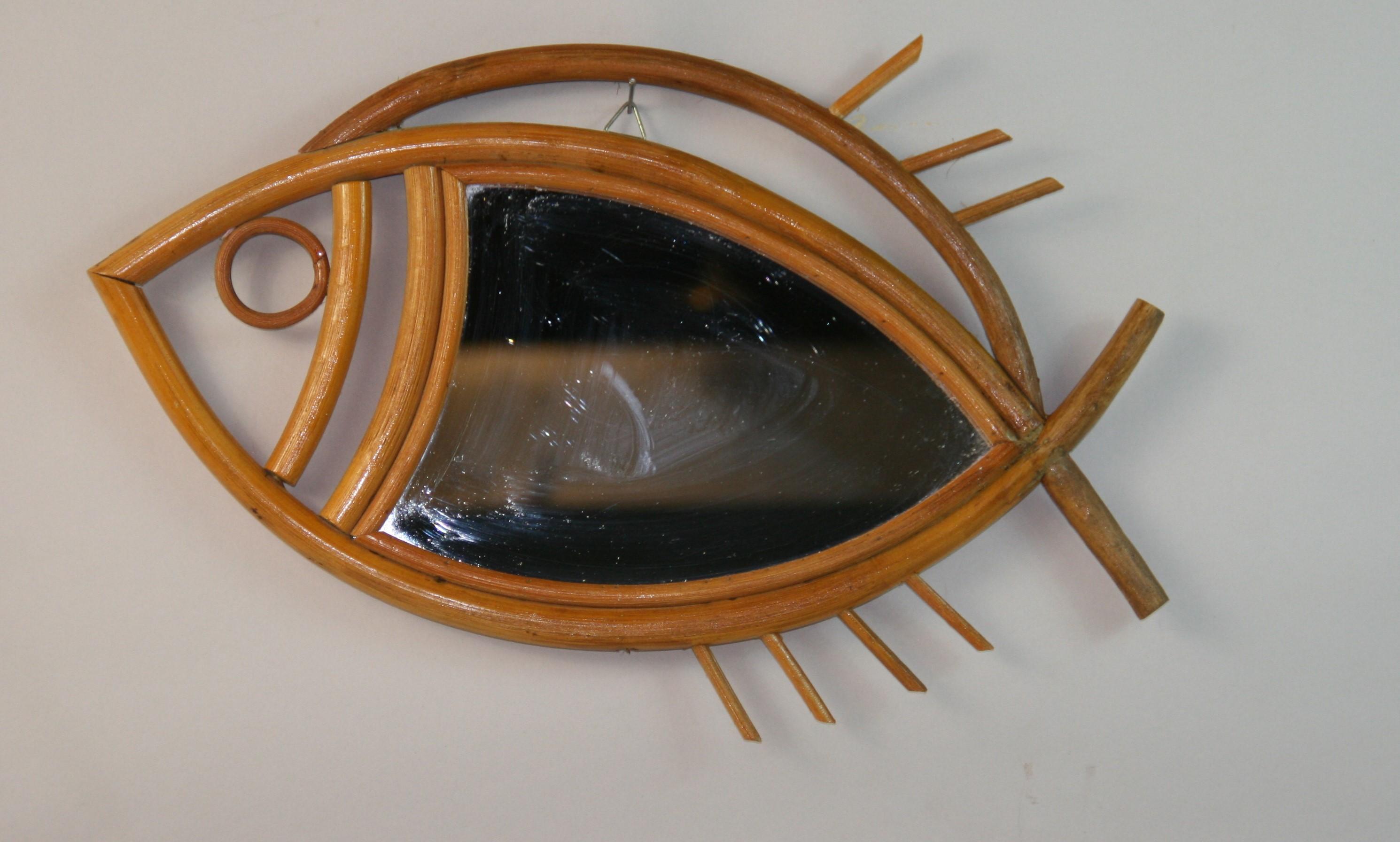 Pair French Rattan Fish Shaped Mirrors 1950's 4