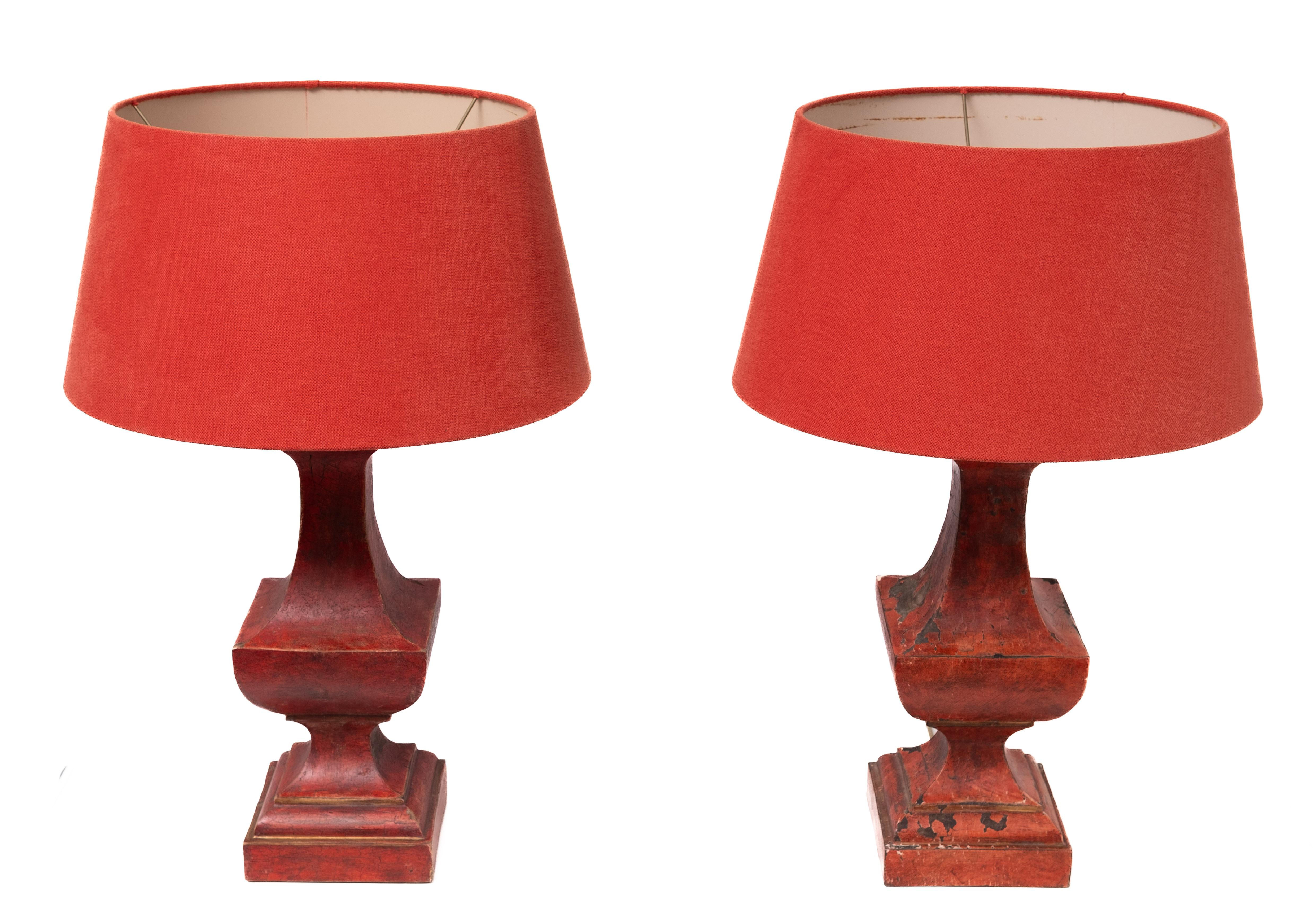 Need some color in your interior .What about these beathiful 
Large table lamps . Red Gesso lacquer wood base .
some intended paint loss , 
comes with Red color shades .Great looking set .
One large E27 bulb needed 