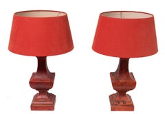 pair French red gesso timber table lamps with red shade.