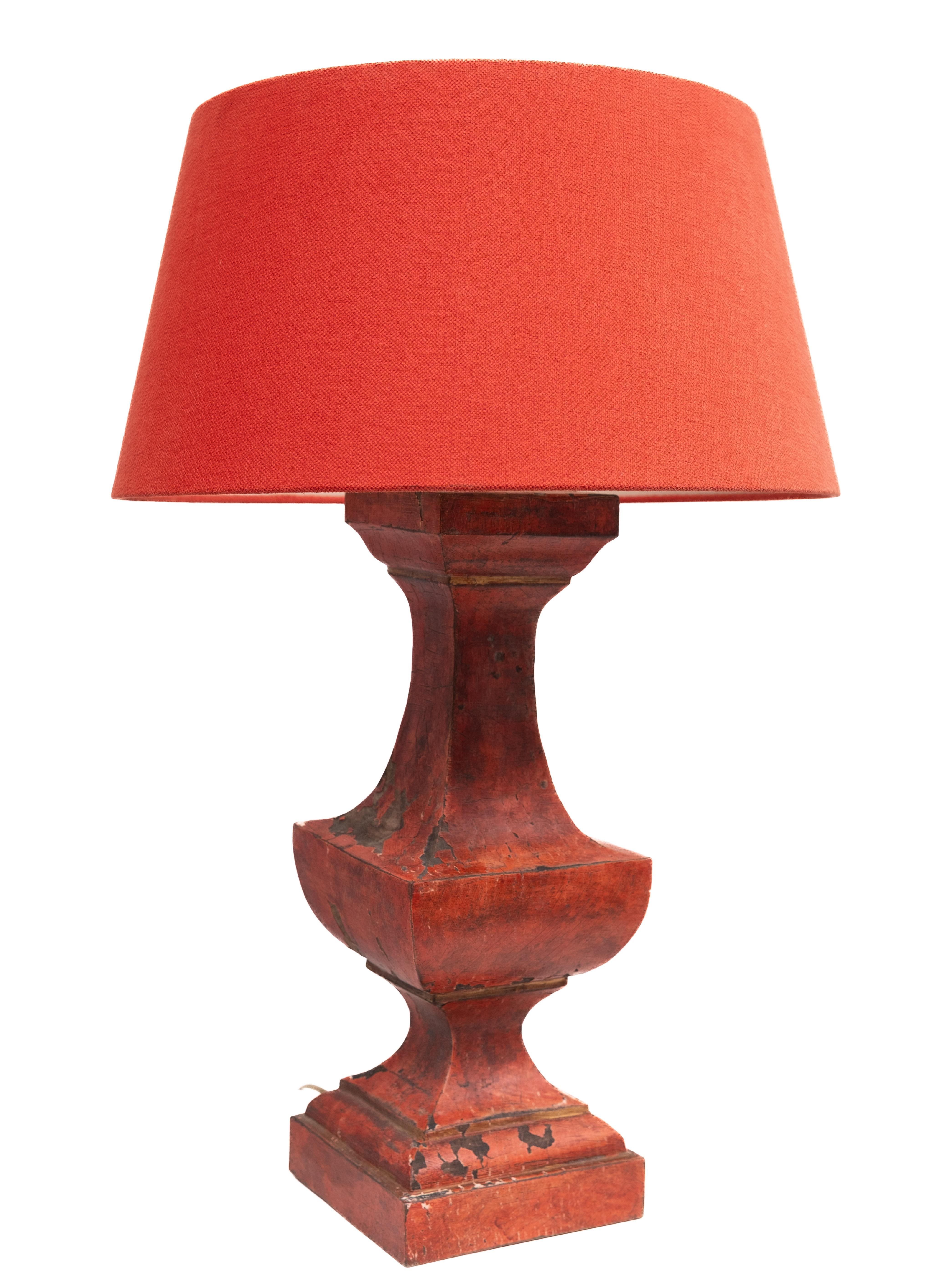 Classical Greek pair French red gesso timber table lamps with red shade. For Sale