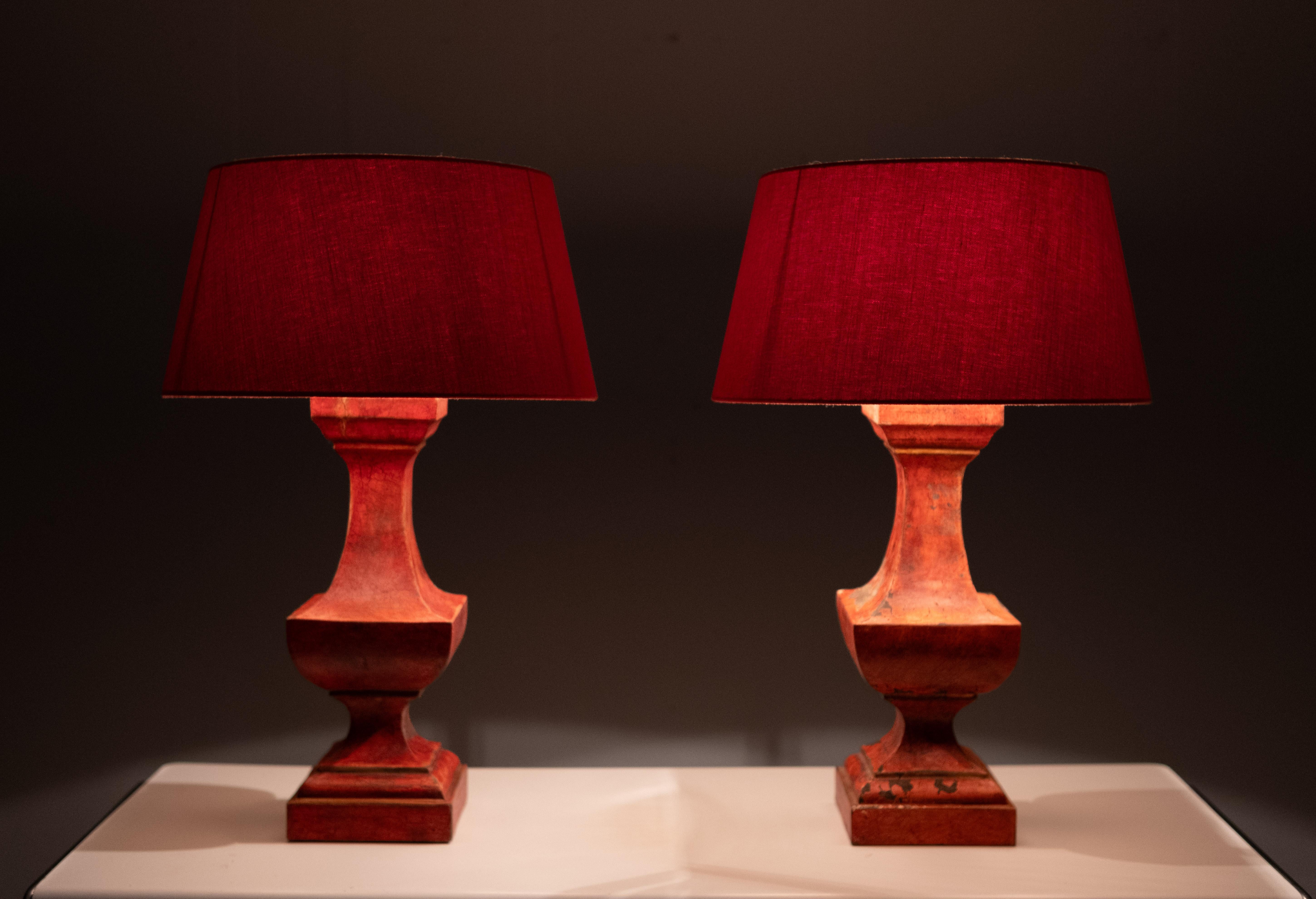 Late 20th Century pair French red gesso timber table lamps with red shade. For Sale