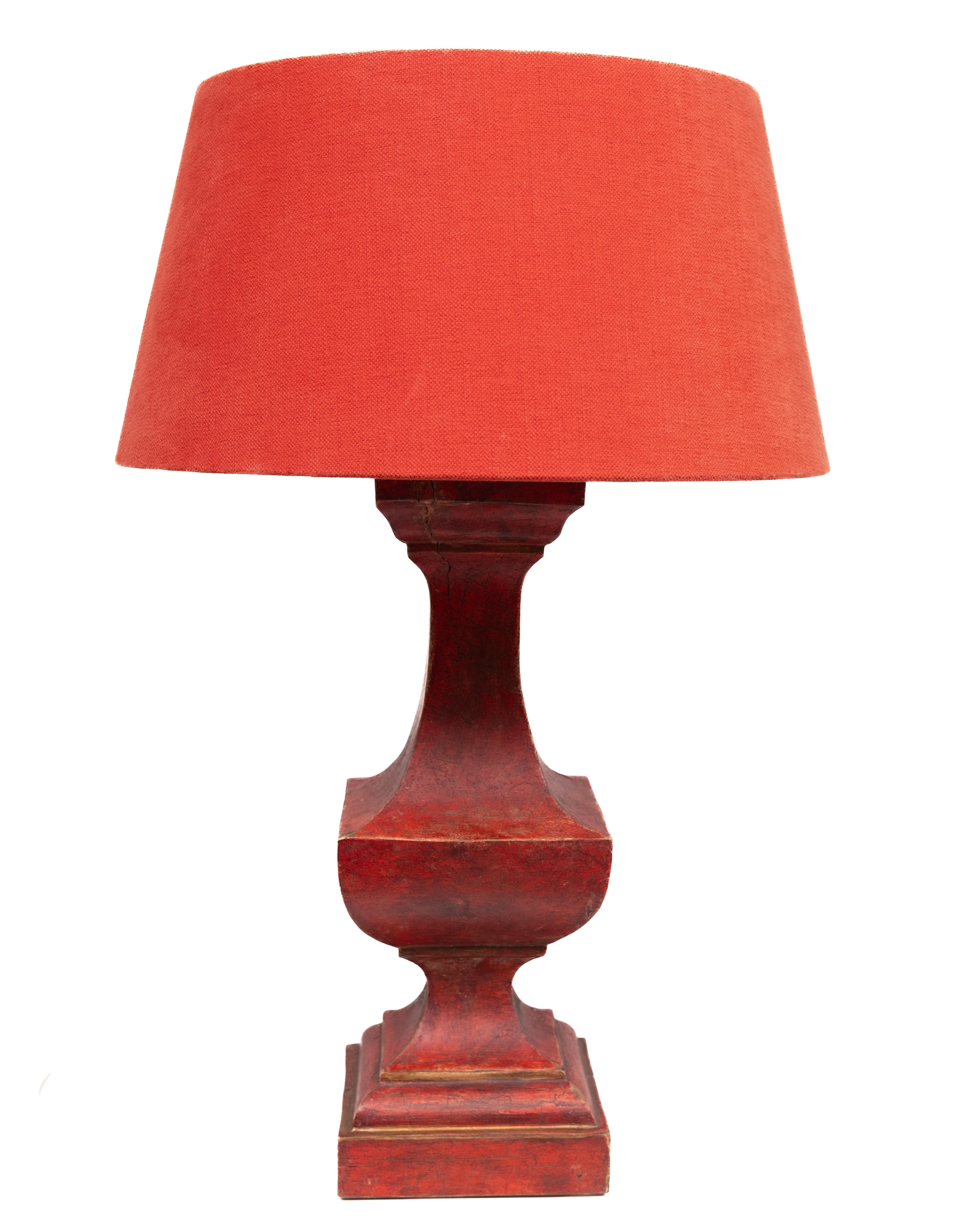 pair French red gesso timber table lamps with red shade. For Sale 1