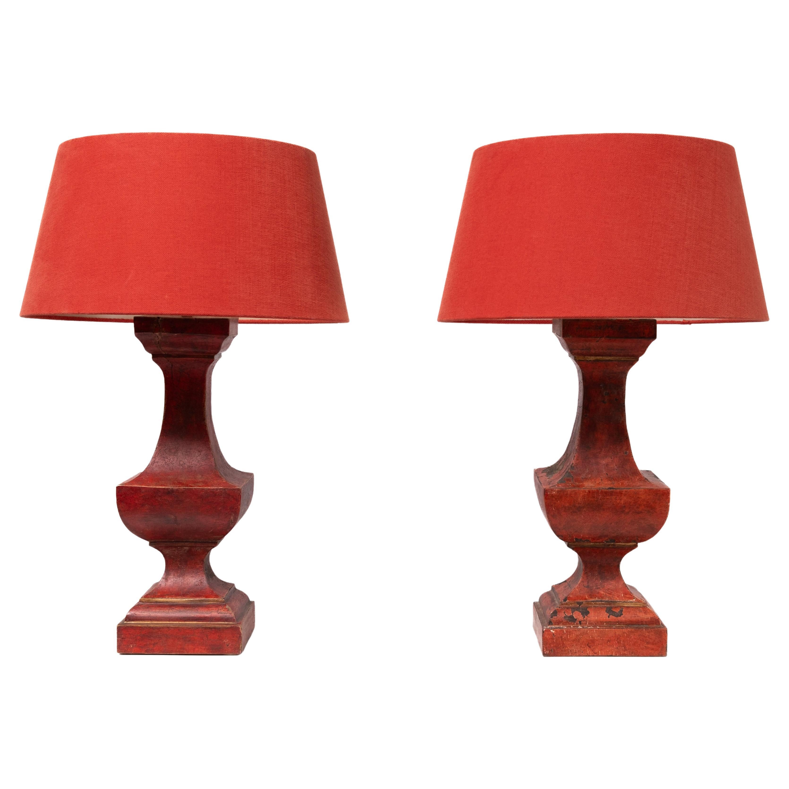 pair French red gesso timber table lamps with red shade. For Sale