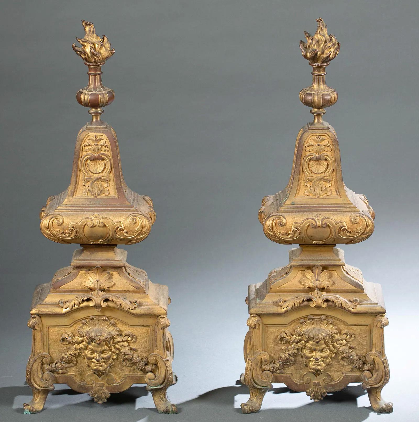 Pair of large and  finest quality French 19 century  Regence   Louis XIV/XV Style Gilt Bronze Andirons.
