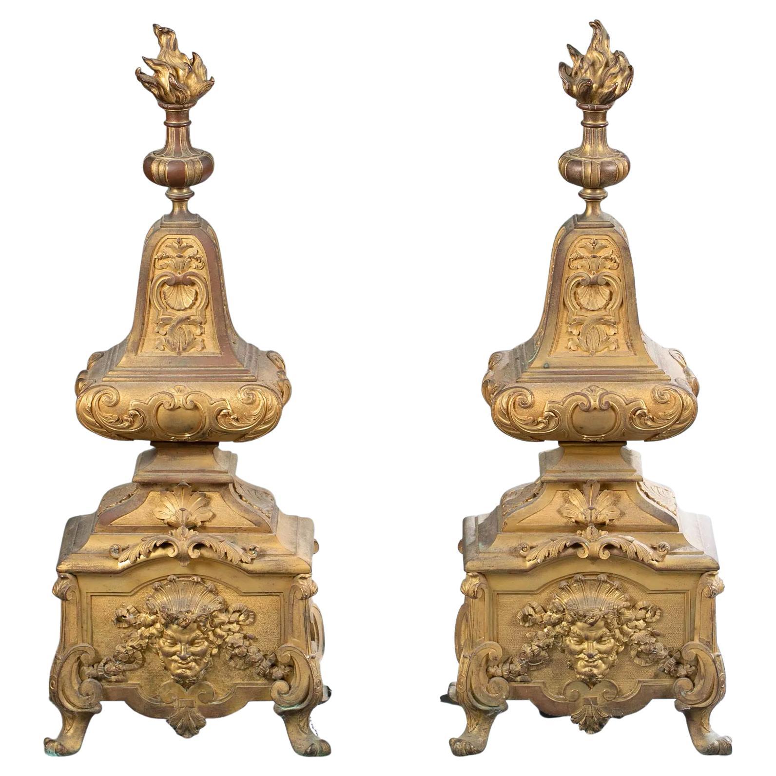 Pair French Regence Louis XIV/XV Style Gilt Bronze Andirons For Sale