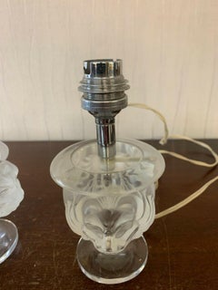 Pair French Regency 1940's Signed Lalique Art Glass Table Lamps w/ Lion Masks